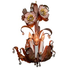 Estate French Hand-Painted Tole and Crystal Petite Chandelier, Circa 1930
s.