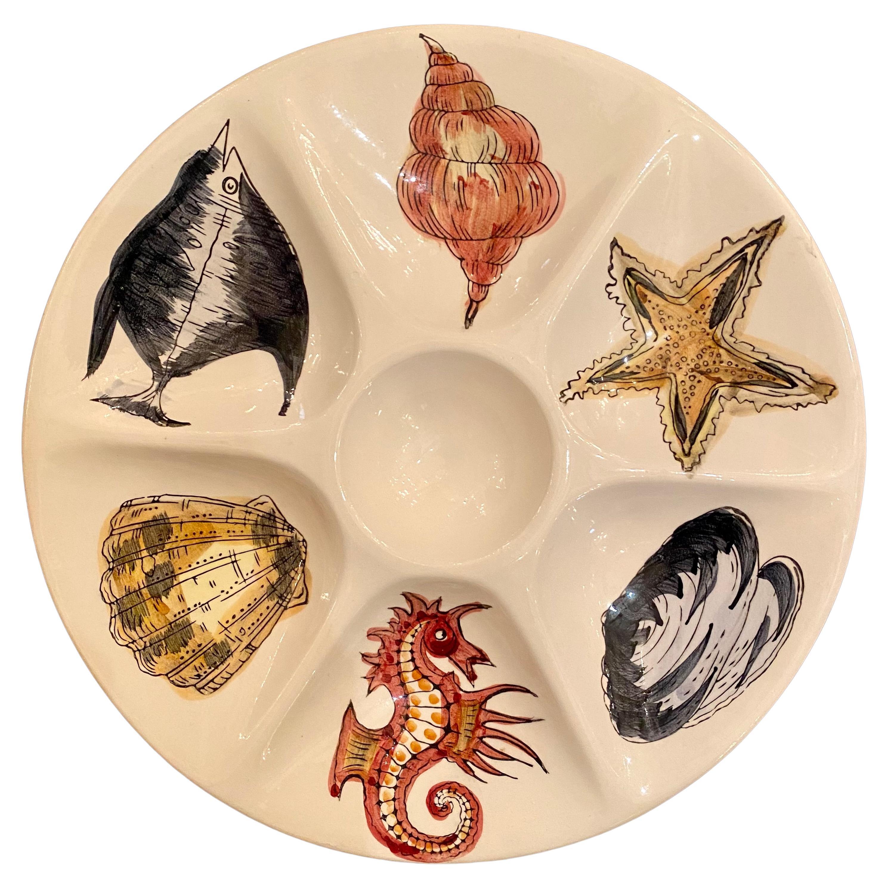 Estate French Majolica Porcelain Colorful Sea Life Oyster Plate, Circa 1950's.