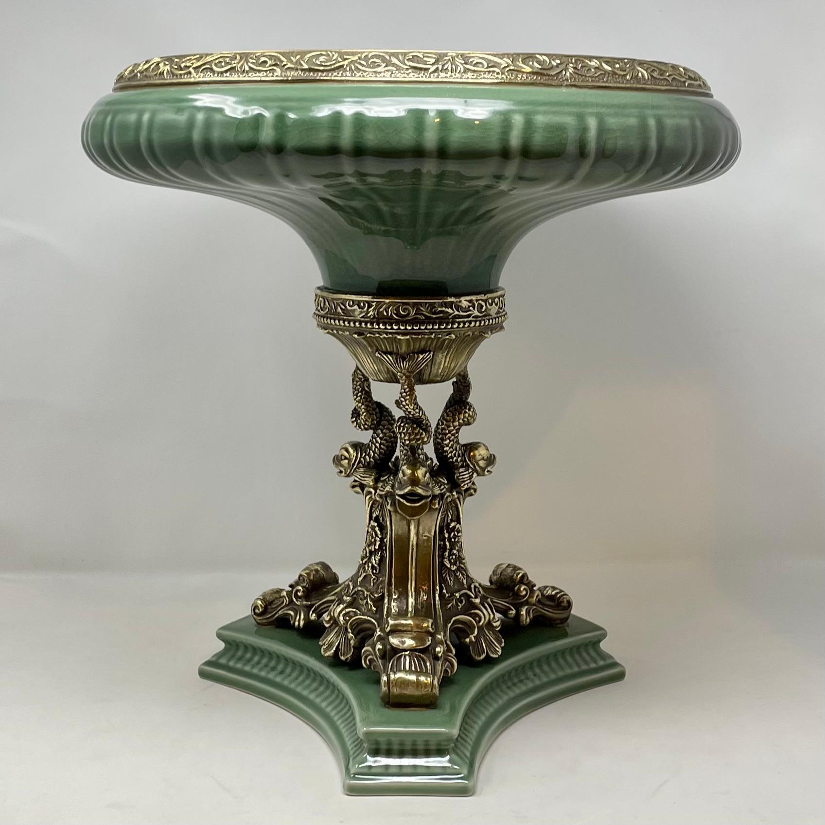 Estate French Neoclassical Sage Green Porcelain Centerpiece with Gold Bronze Mounts.
