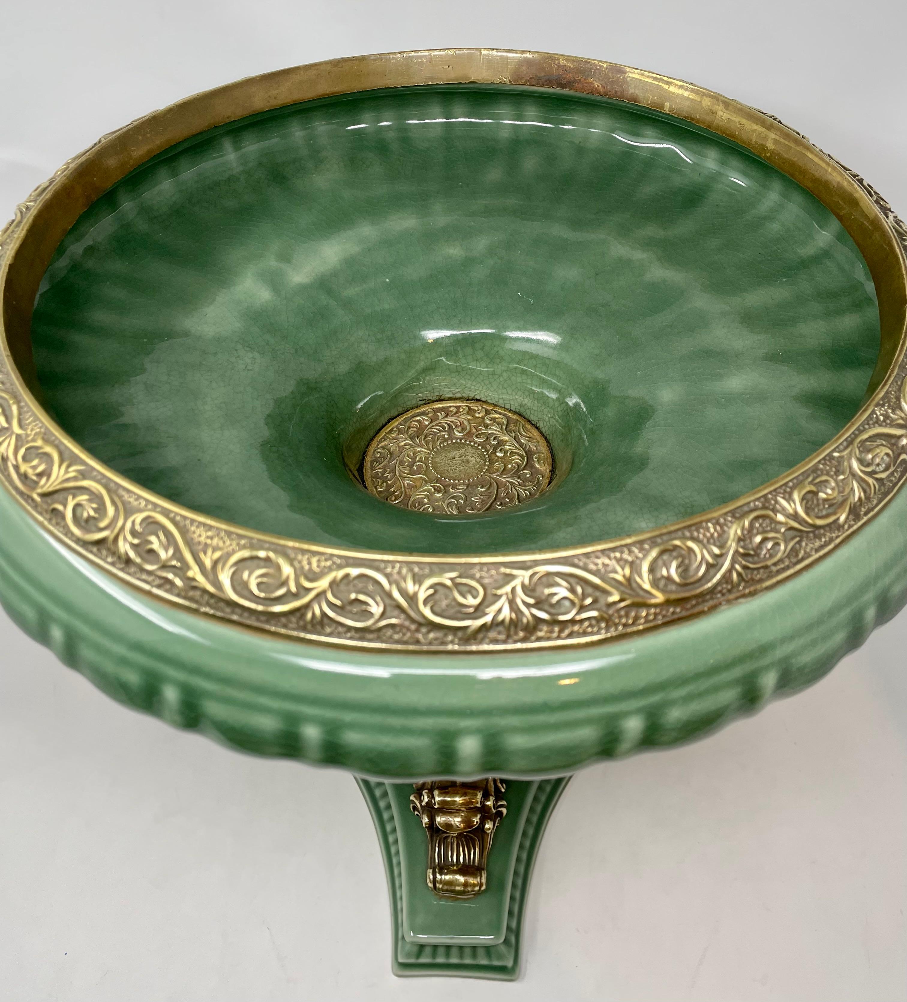 Estate French Neoclassical Gold Bronze Mounted Sage Green Porcelain Centerpiece. In Good Condition For Sale In New Orleans, LA