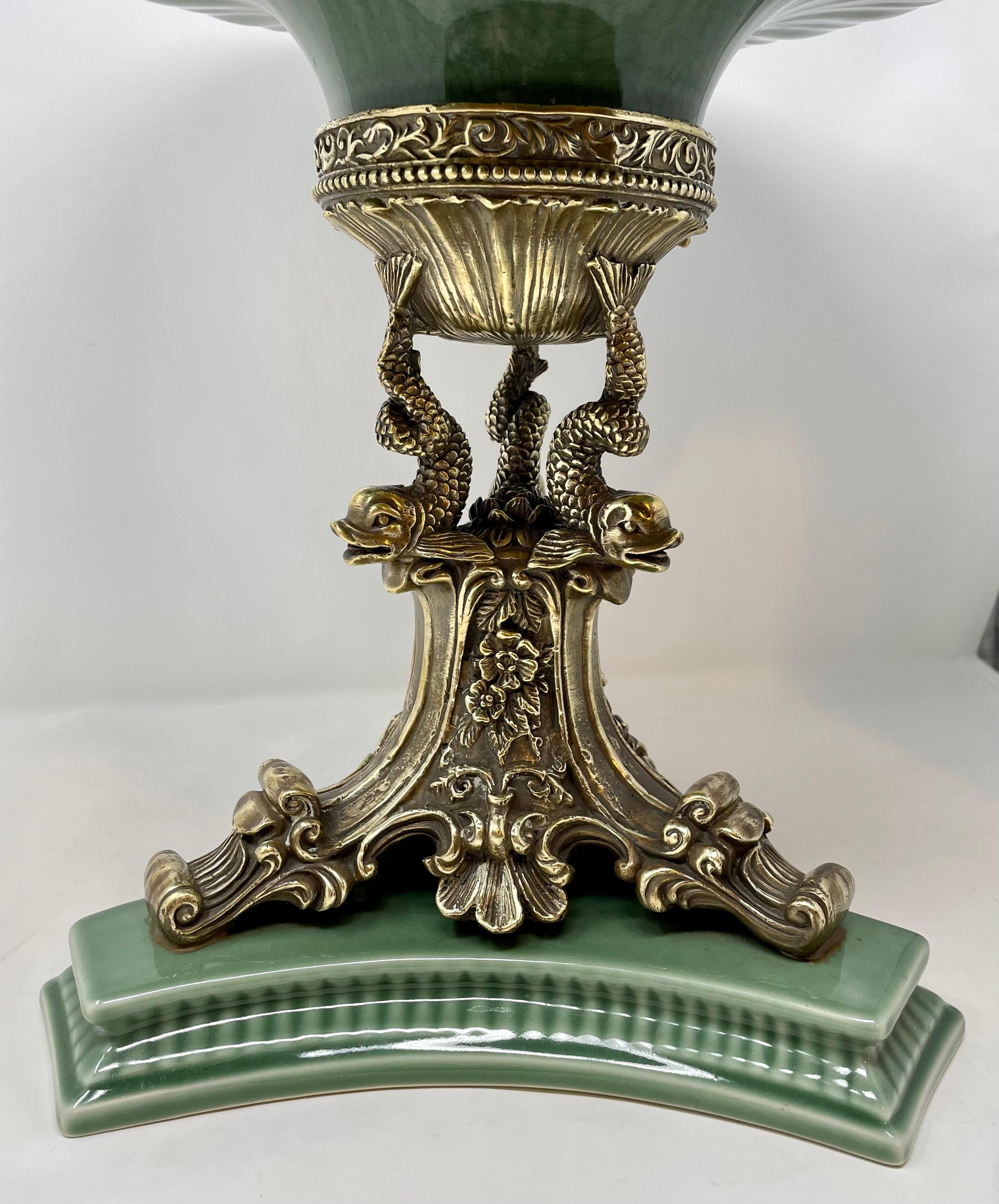 20th Century Estate French Neoclassical Gold Bronze Mounted Sage Green Porcelain Centerpiece. For Sale