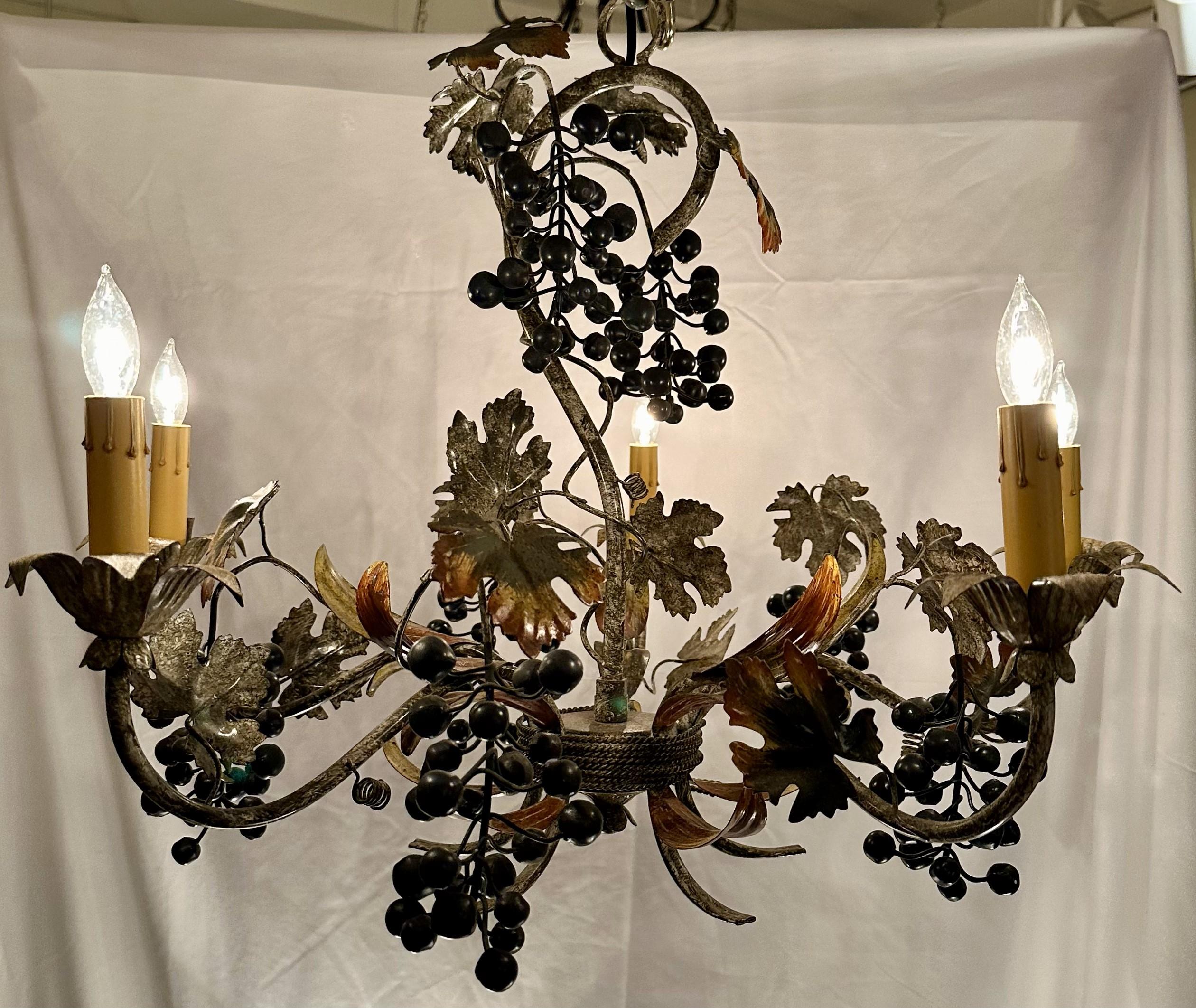 Estate French Painted Tole Grape Chandelier, Circa 1950's.
