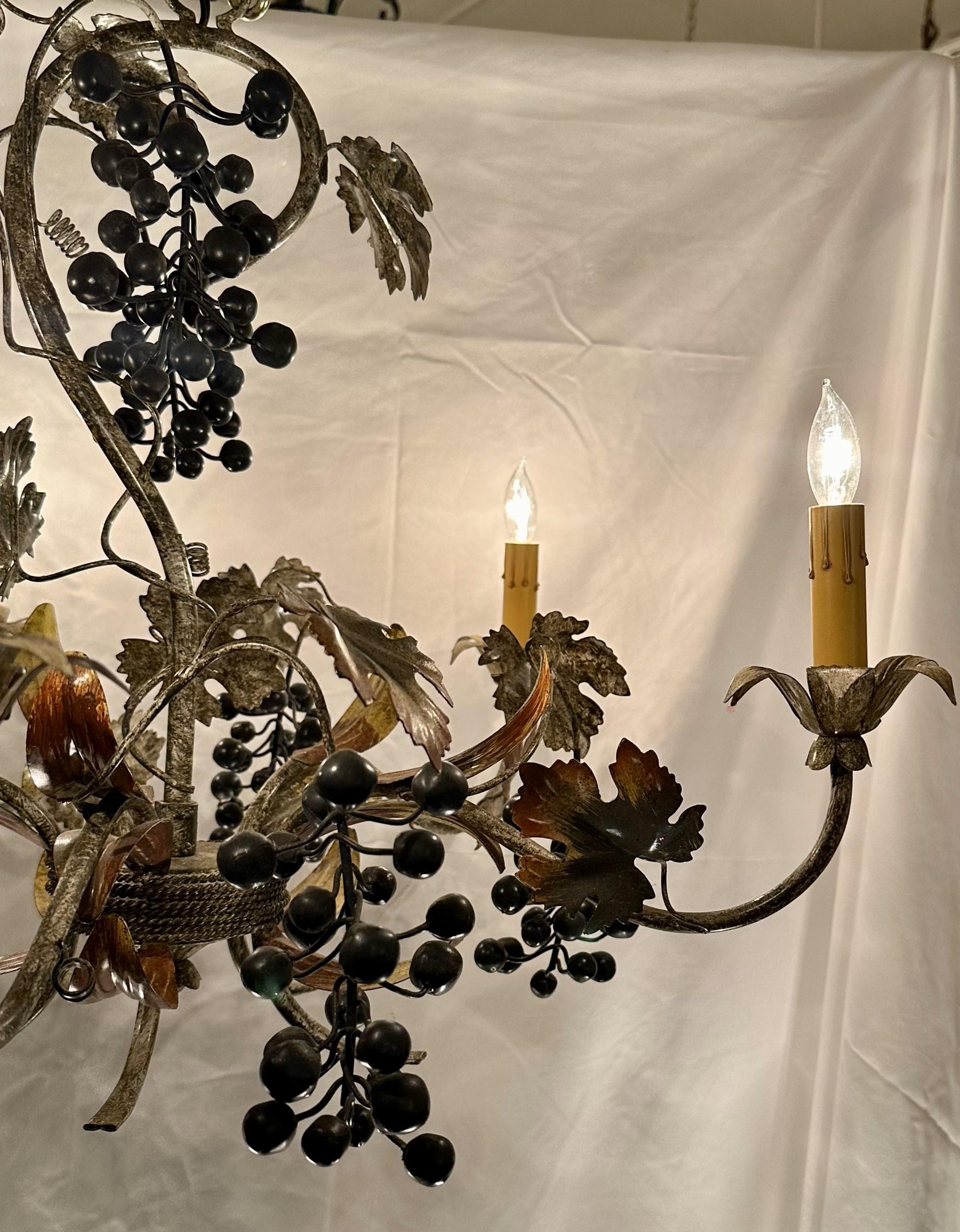 Metal Estate French Painted Tole Grape Chandelier, Circa 1950's. For Sale