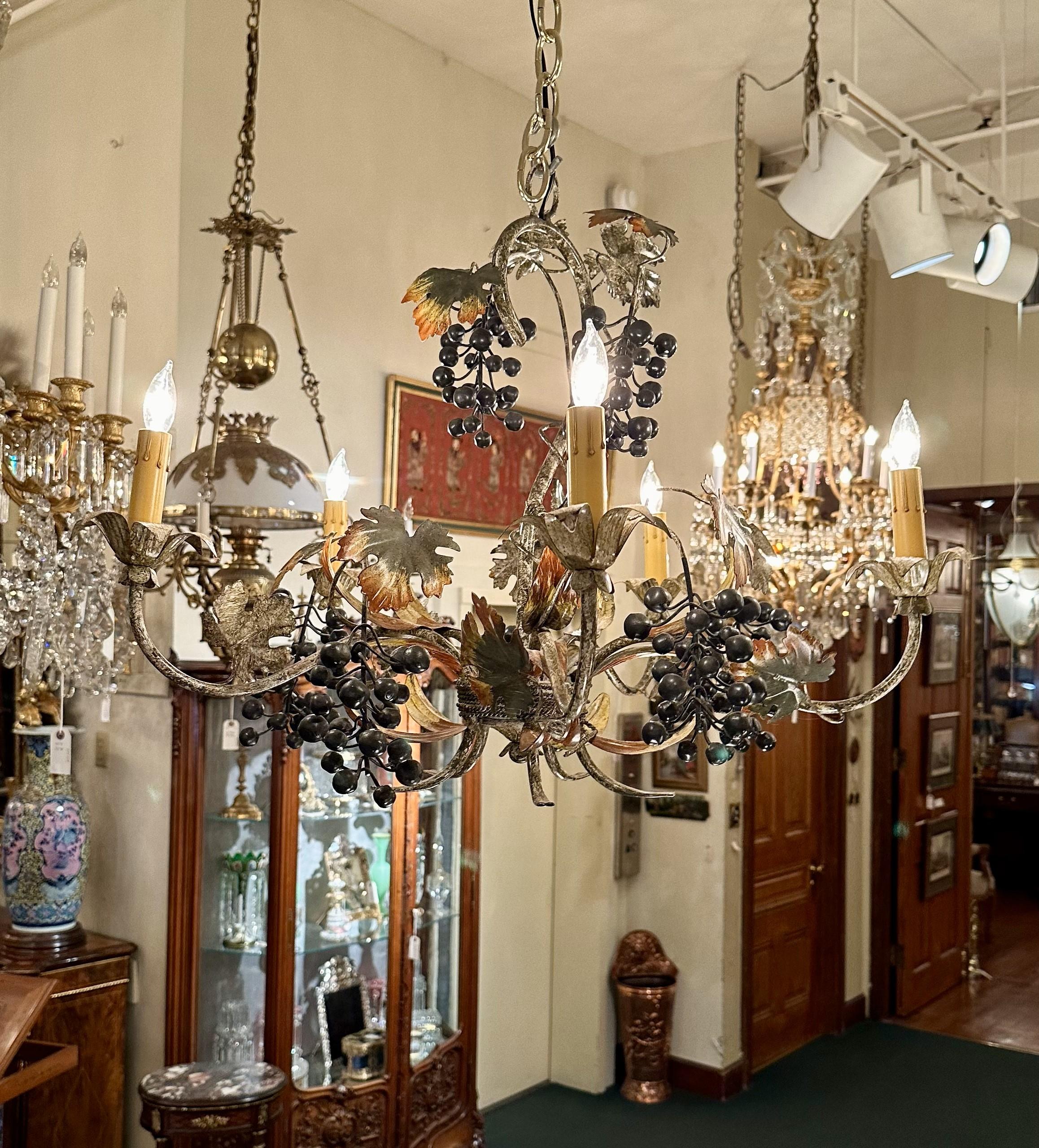 Estate French Painted Tole Grape Chandelier, Circa 1950's. For Sale 1