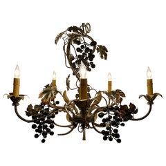 Antique Estate French Painted Tole Grape Chandelier, Circa 1950's.