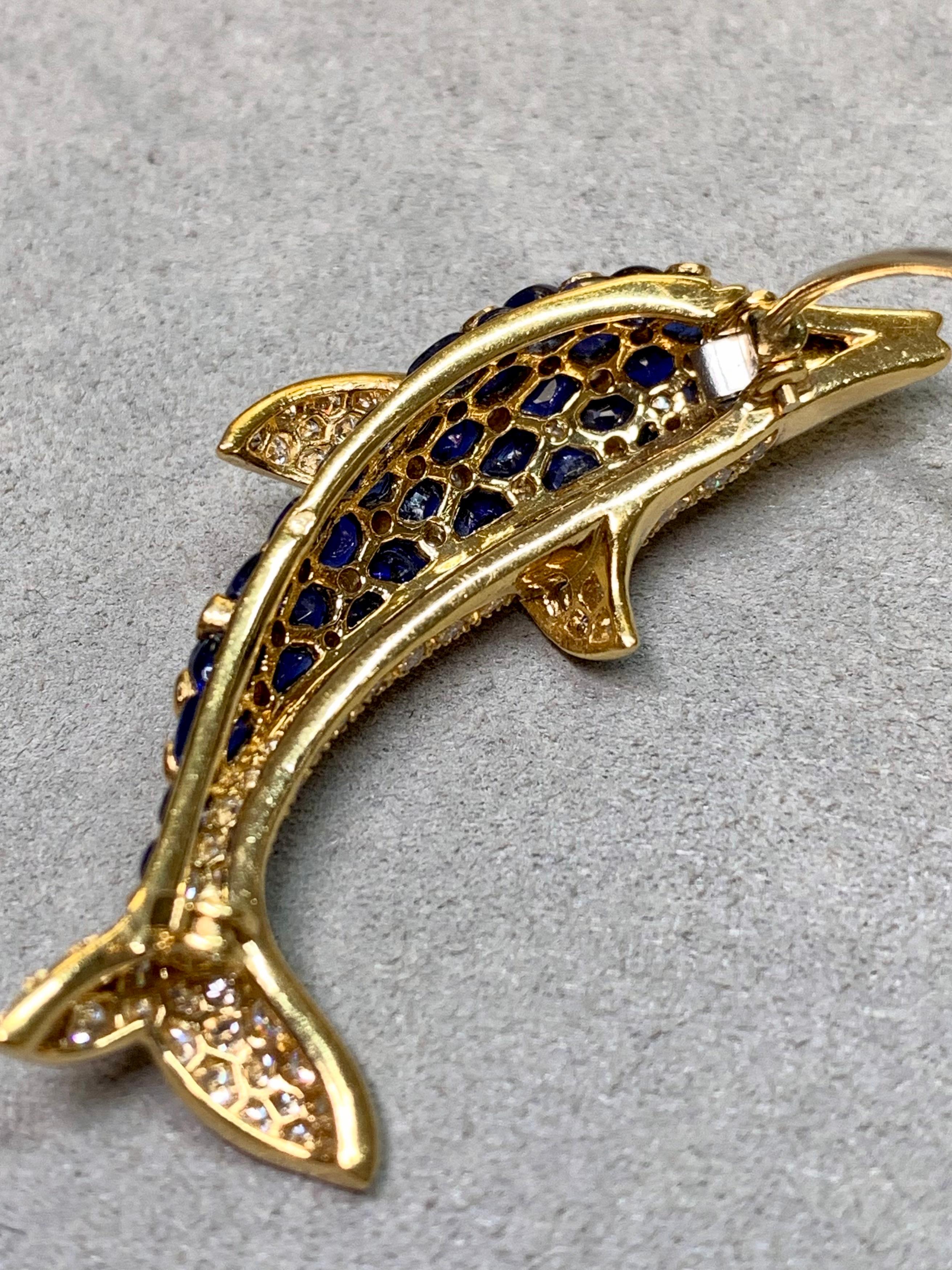 Estate Französisch Pierre Brun 18K Buff Top Saphir Diamant Rubin Delphin Brosche 8ctw im Angebot 5