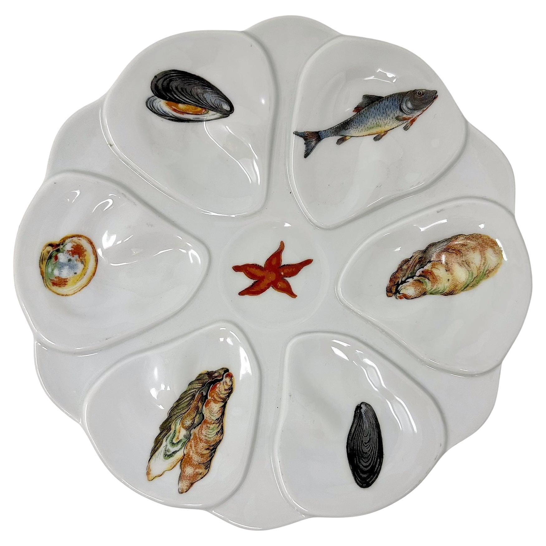 Estate Französisch Porzellan weiß & bunt gemalt Sea Life Austern Teller Ca 1960 im Angebot