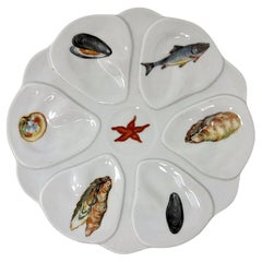 Estate Französisch Porzellan weiß & bunt gemalt Sea Life Austern Teller Ca 1960