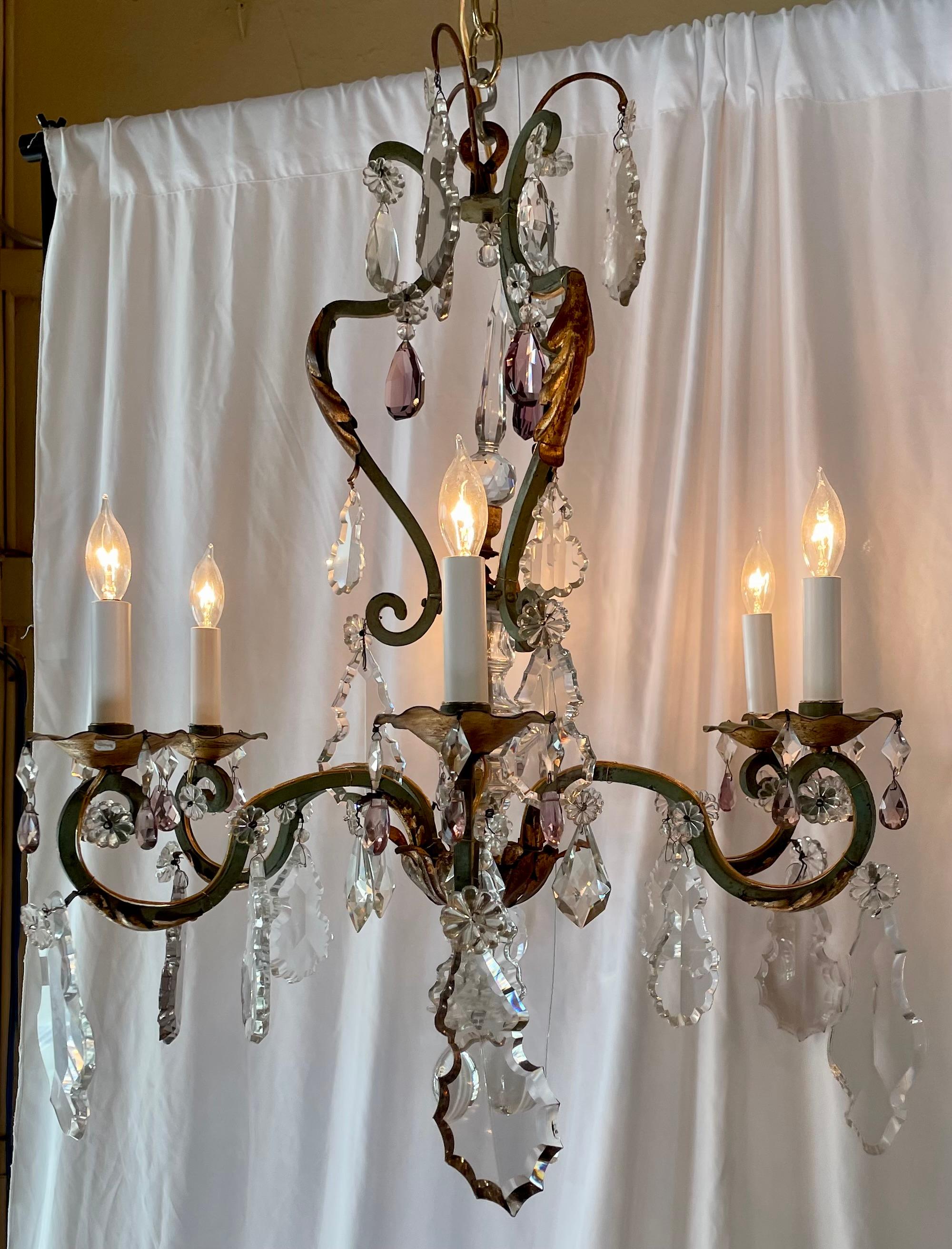 Estate French Wrought Iron and Clear & Colored Cut Crystal Chandelier Circa 1920 In Good Condition For Sale In New Orleans, LA