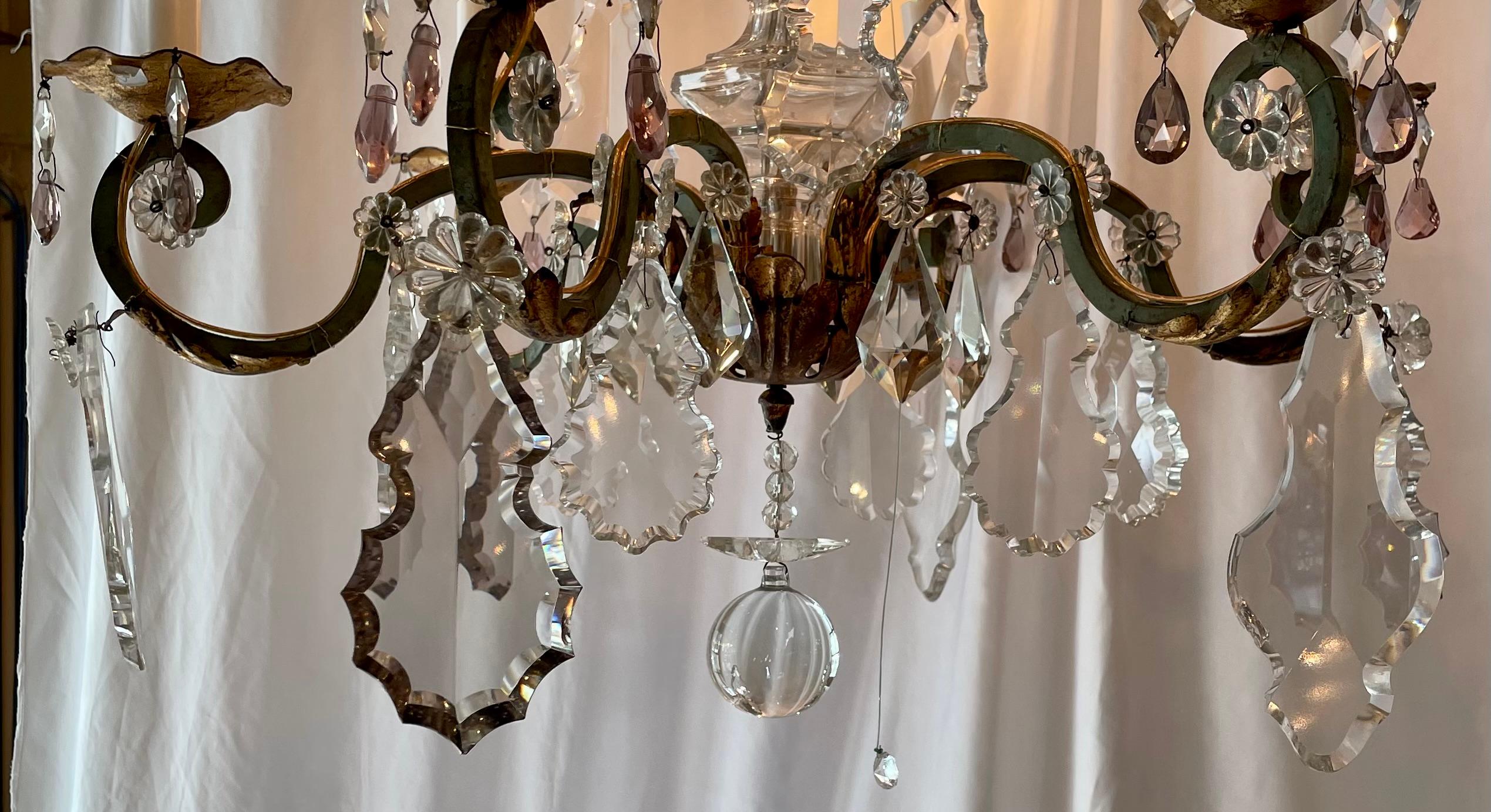 20th Century Estate French Wrought Iron and Clear & Colored Cut Crystal Chandelier Circa 1920 For Sale