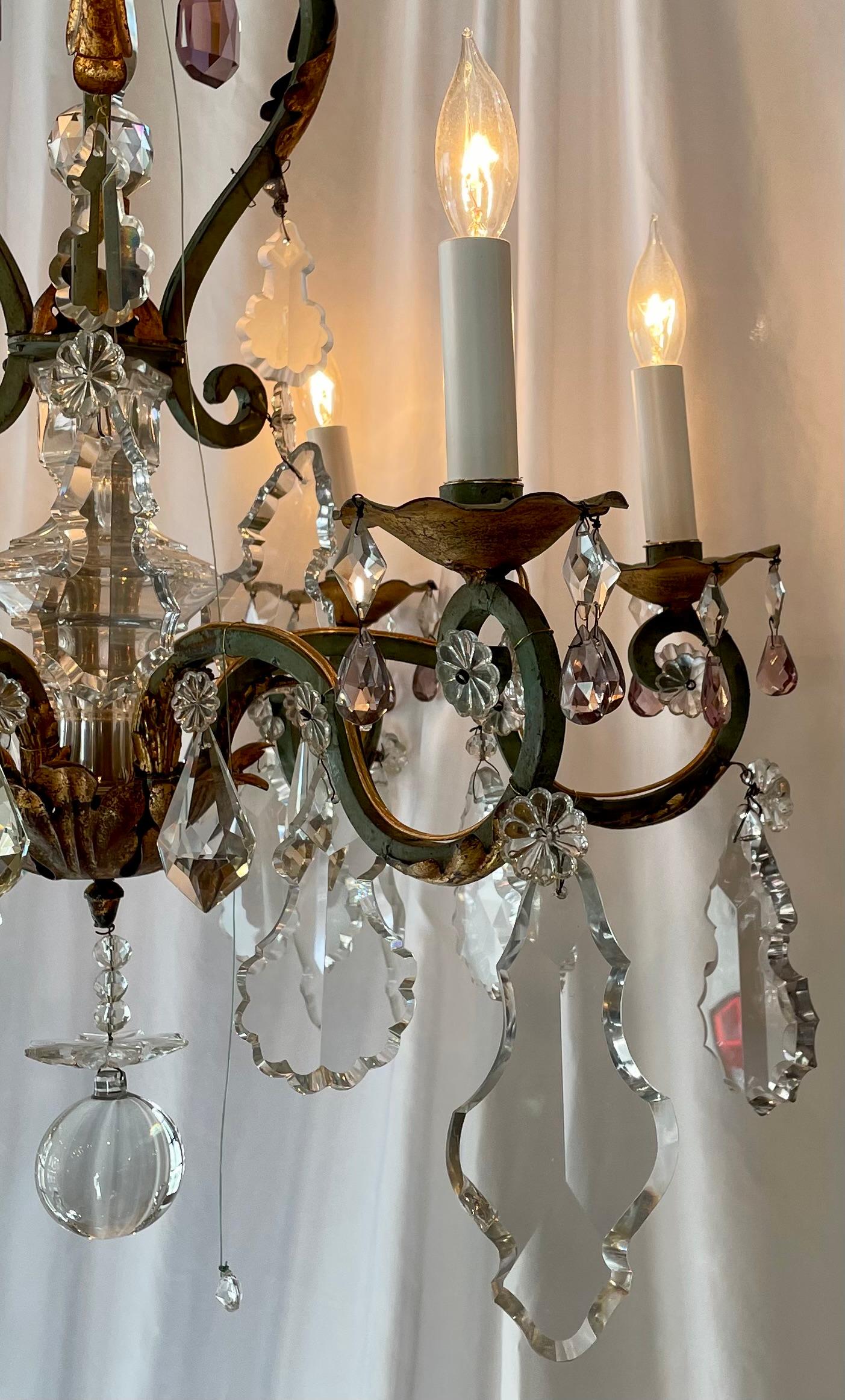 Estate French Wrought Iron and Clear & Colored Cut Crystal Chandelier Circa 1920 For Sale 1