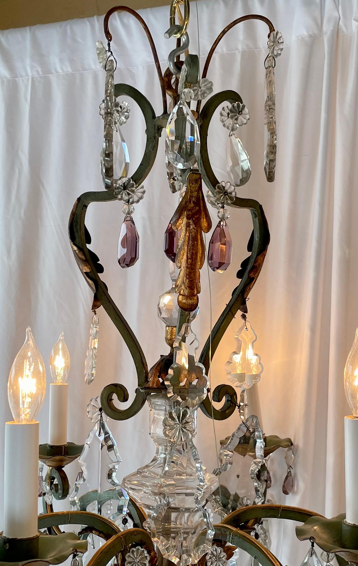 Estate French Wrought Iron and Clear & Colored Cut Crystal Chandelier Circa 1920 For Sale 2