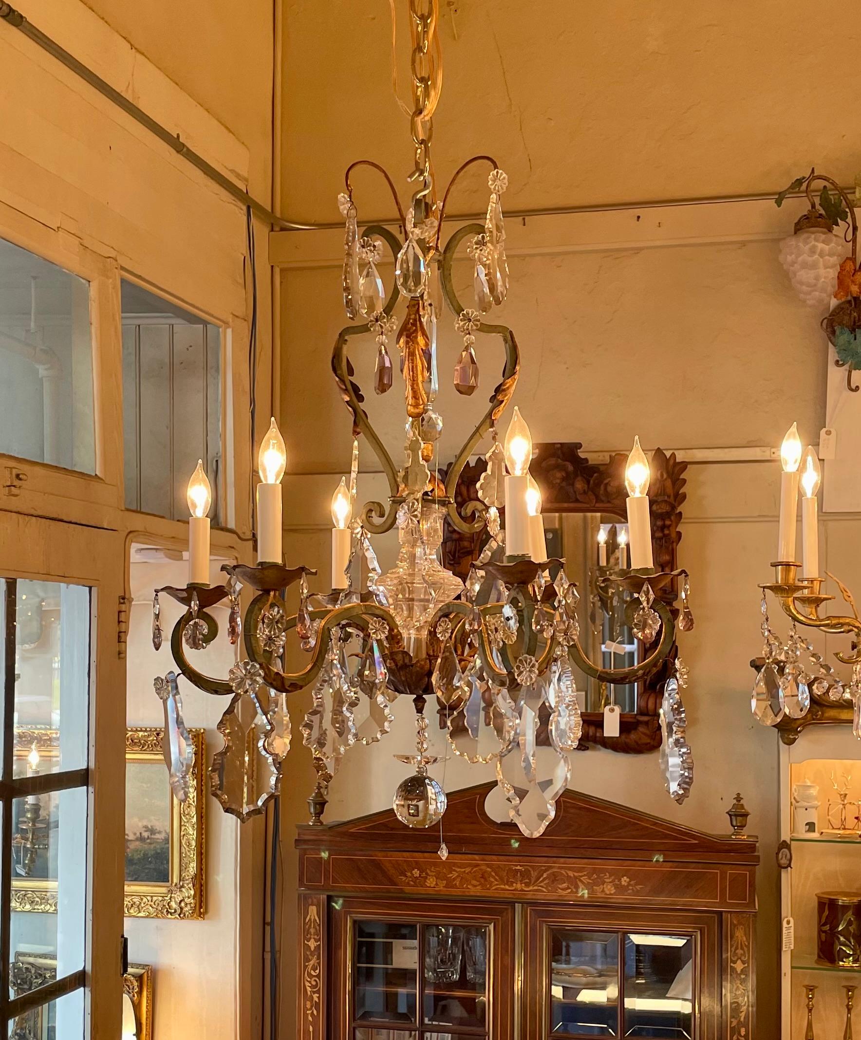 Estate French Wrought Iron and Clear & Colored Cut Crystal Chandelier Circa 1920 For Sale 3