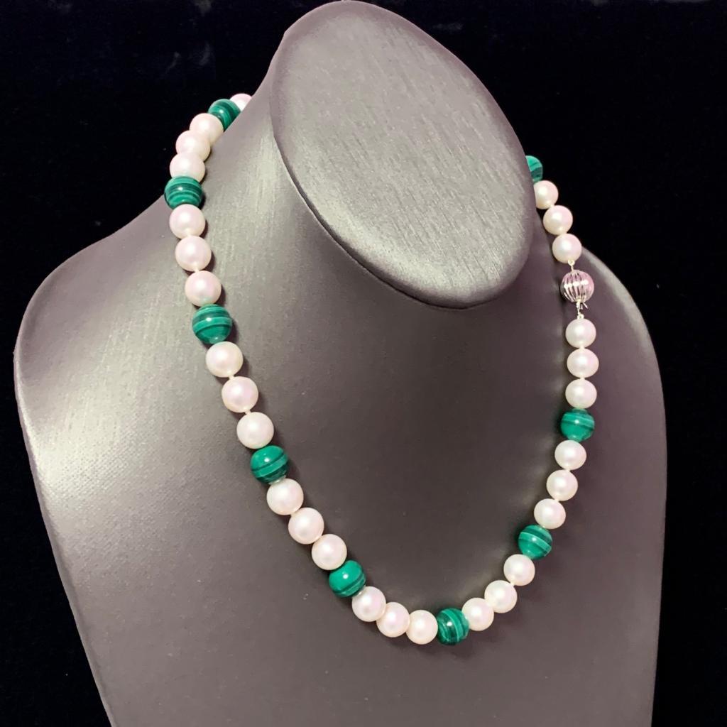 Round Cut Estate Freshwater Pearl Malachite Necklace Certified