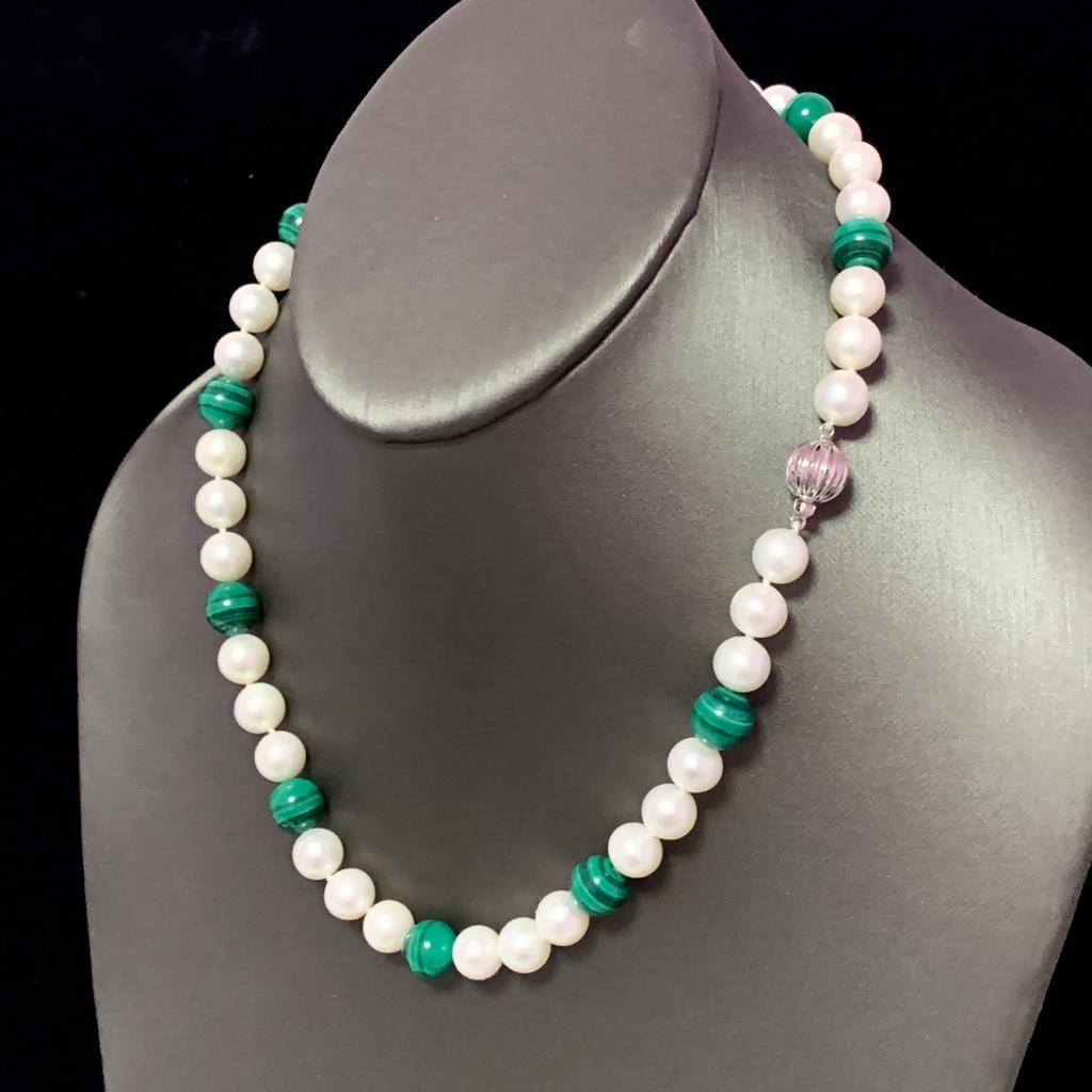 Estate Freshwater Pearl Malachite Necklace Certified 1