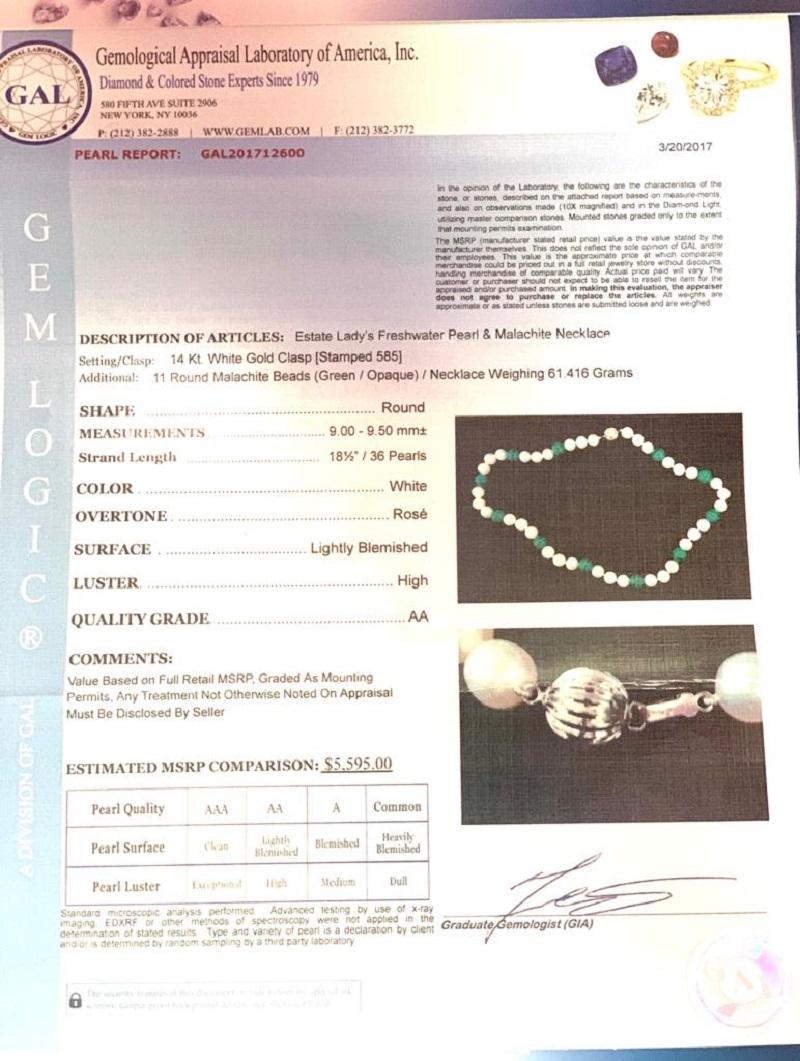 Estate Freshwater Pearl Malachite Necklace Certified 2