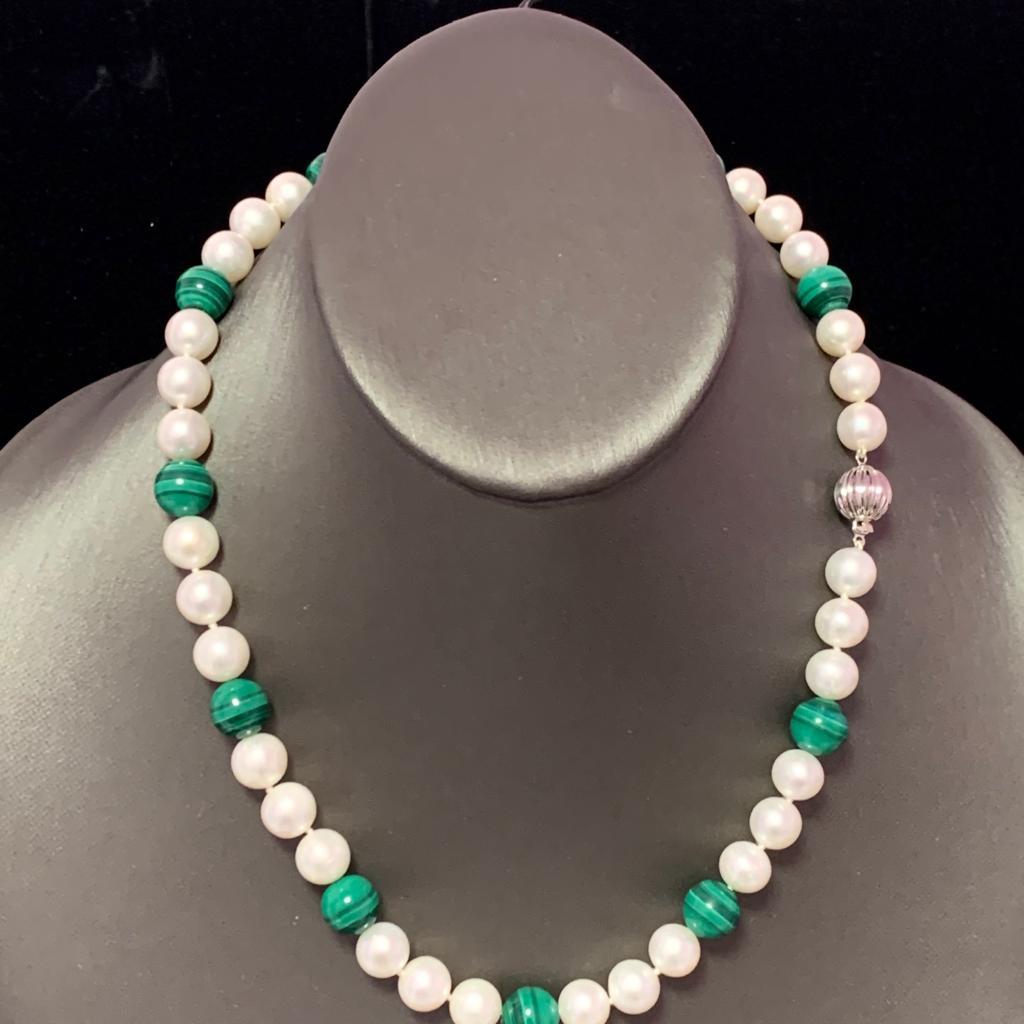 Fine Quality Freshwater Pearl Malachite Necklace 18.5