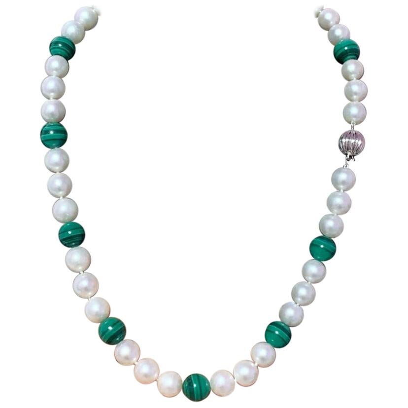 Estate Freshwater Pearl Malachite Necklace Certified