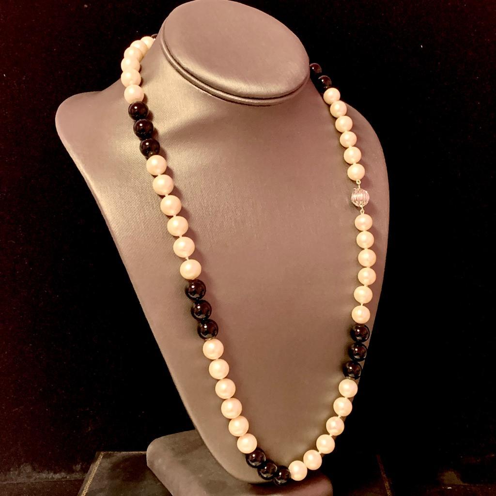 Fine Quality Estate Freshwater Pearl Onyx Necklace 14k Gold 25.25