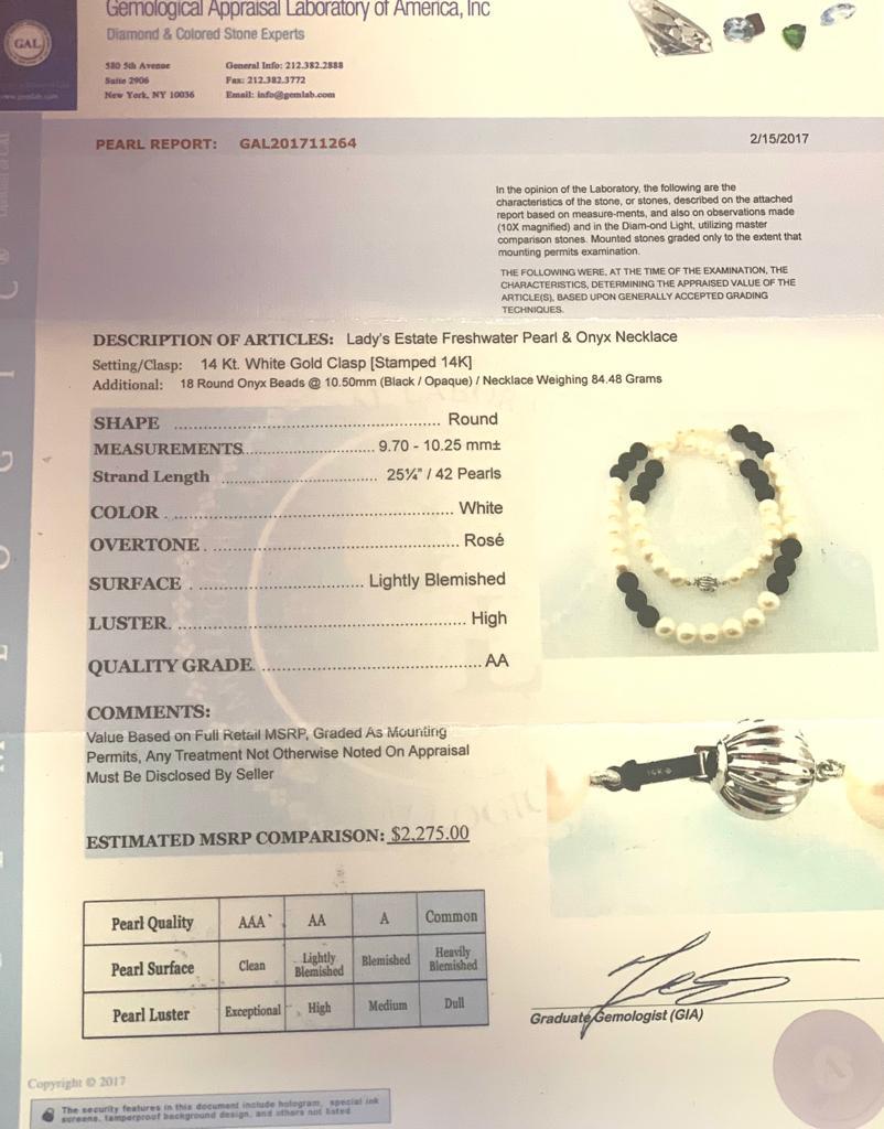 Estate Freshwater Pearl Onyx Necklace 14 Karat Gold 10.25 mm Certified 4