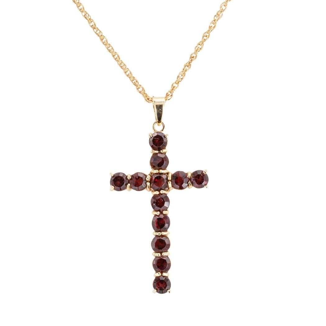 Garnet cross and yellow gold chain necklace circa 1950.  Love it because it caught your eye, and we are here to connect you with beautiful and affordable jewelry.  Celebrate Yourself!  Simple and concise information you want to know is listed below.