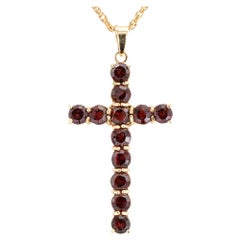 Vintage Estate Garnet Yellow Gold Cross Pendant Necklace