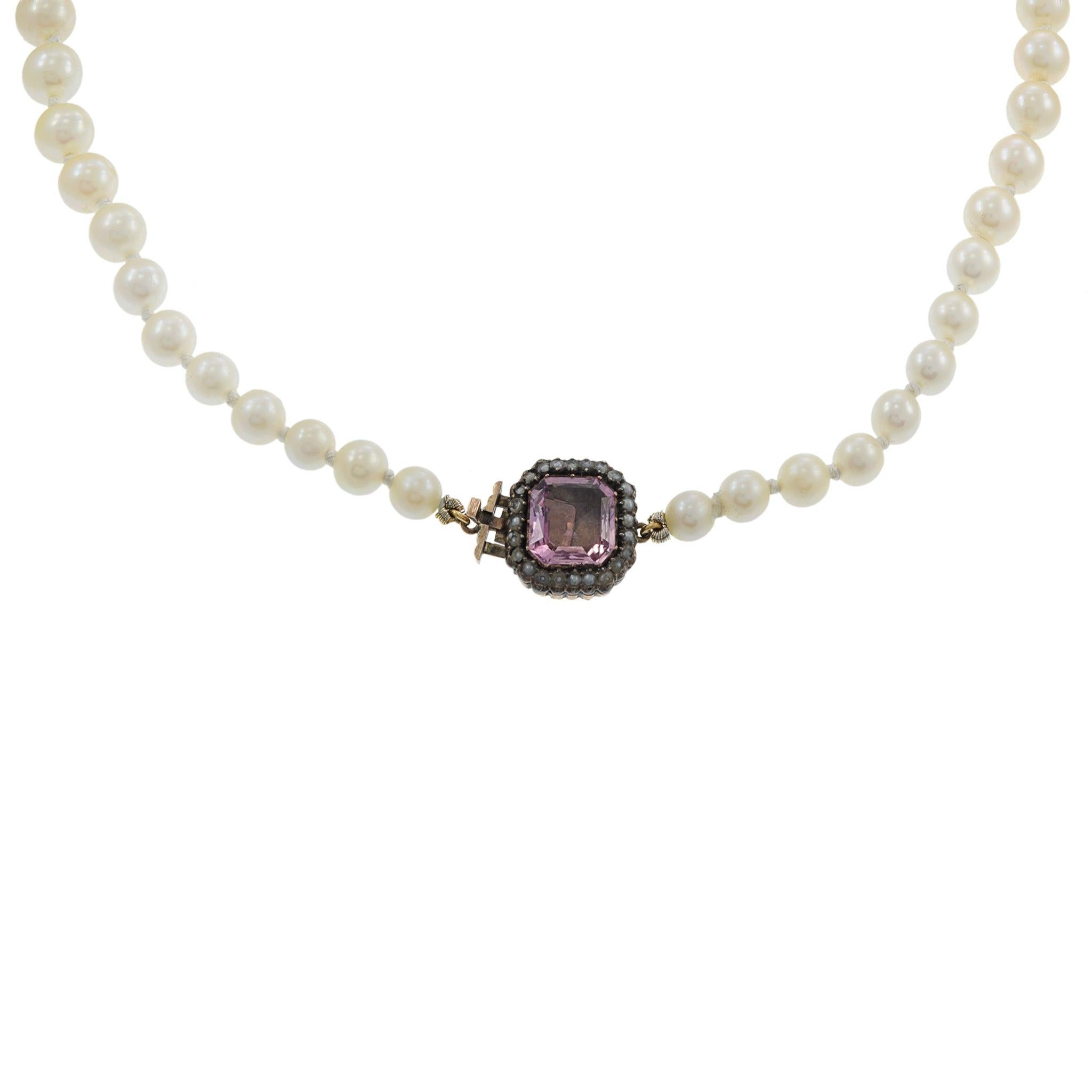 Retro Estate Genuine Japanese Akoya Graduated Pearl Necklace with Pink Tourmaline Clas For Sale