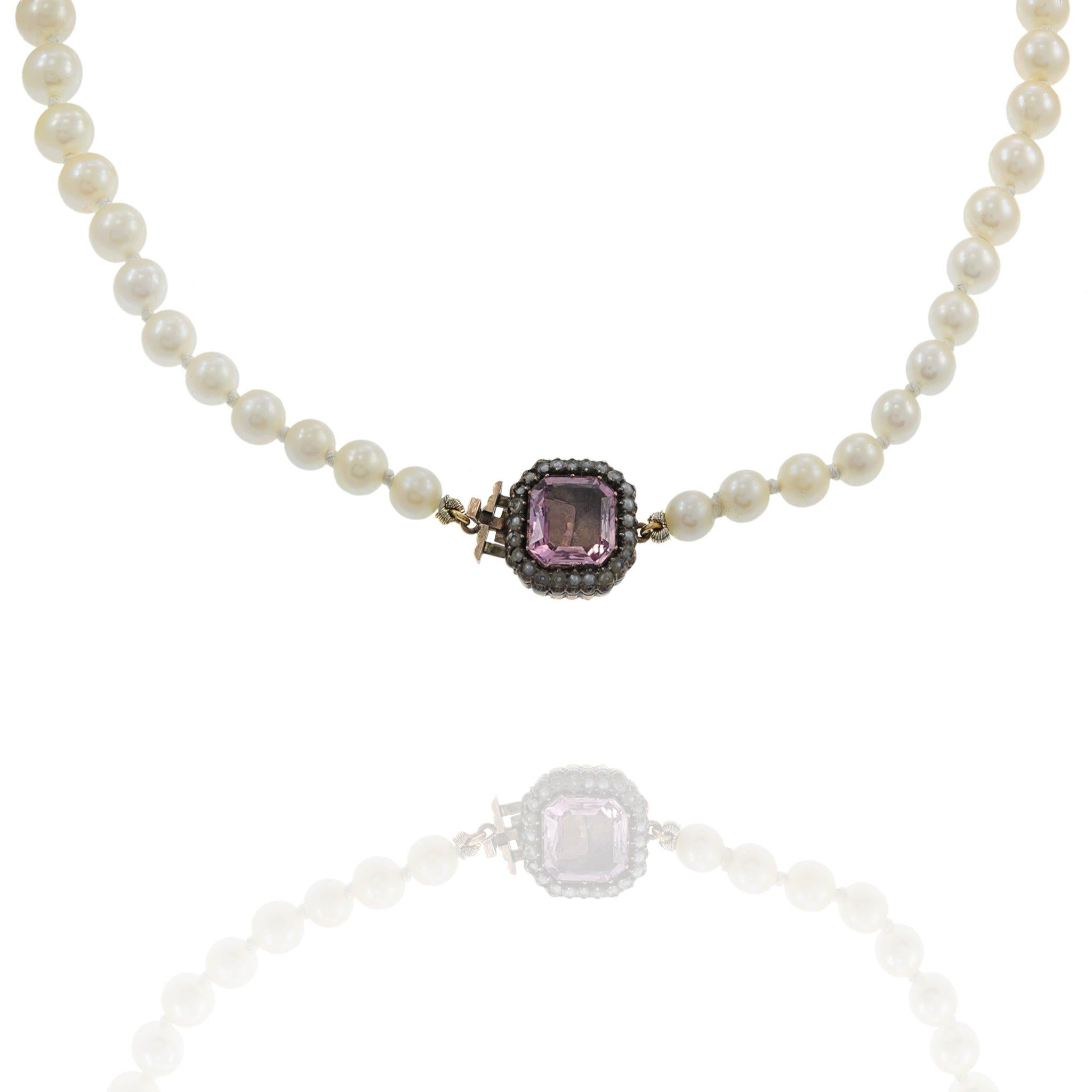 Baguette Cut Estate Genuine Japanese Akoya Graduated Pearl Necklace with Pink Tourmaline Clas For Sale