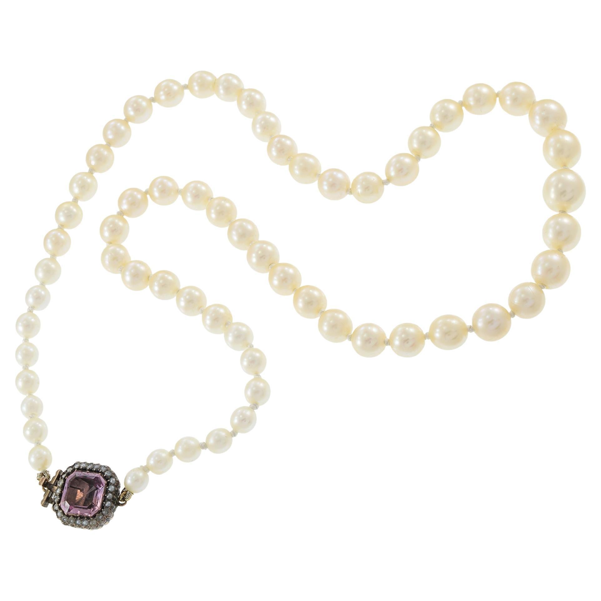 Estate Genuine Japanese Akoya Graduated Pearl Necklace with Pink Tourmaline Clas For Sale
