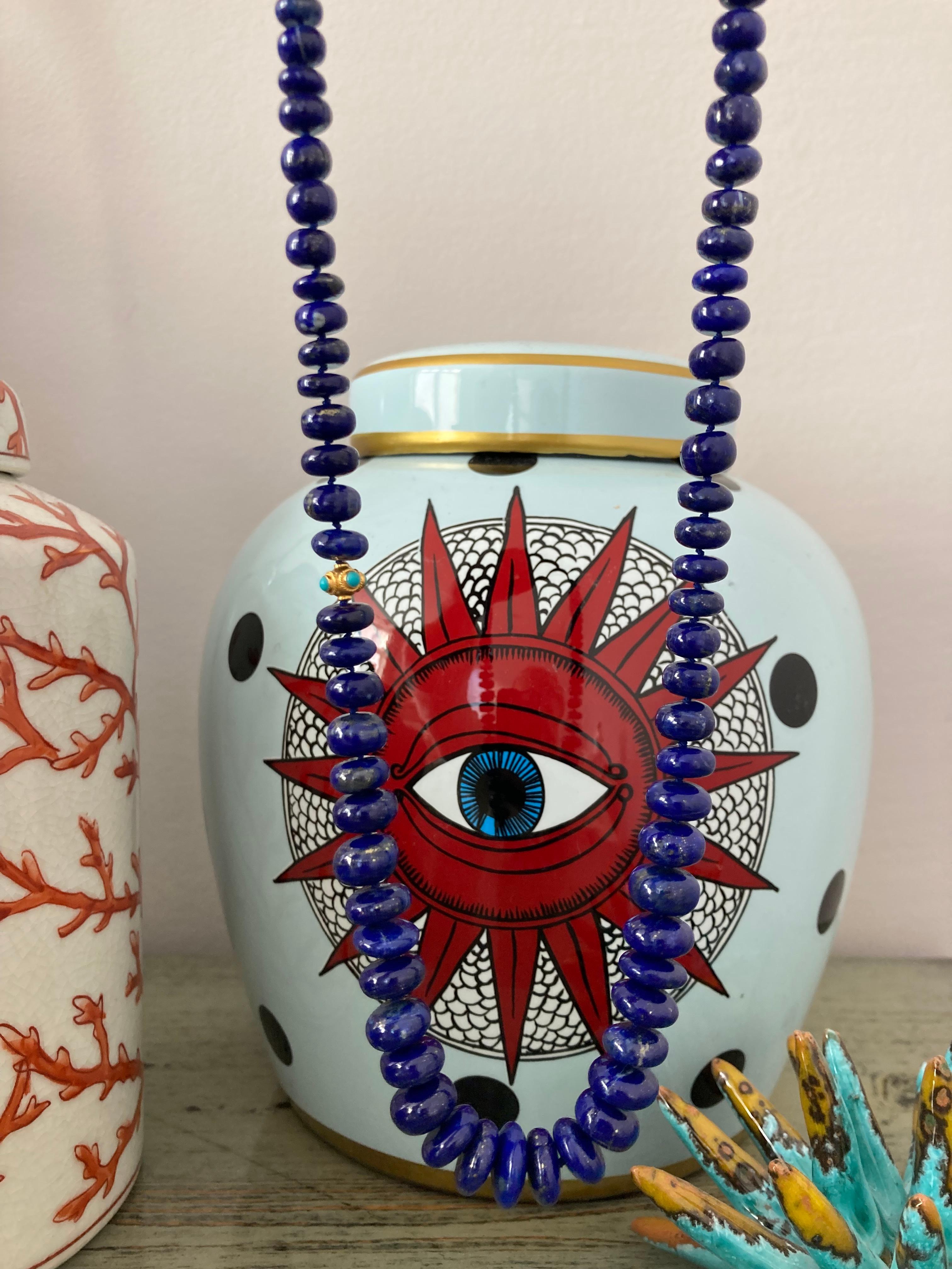 Modern Estate Genuine Sleeping Beauty Turquoise and Lapis Lazuli Yellow Gold Necklace For Sale