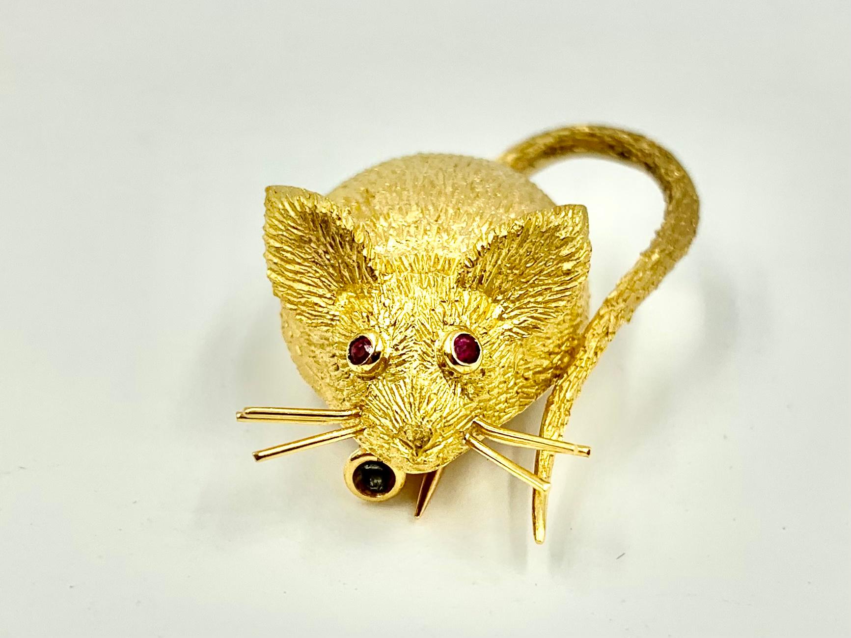 Octagon Cut Estate Georges L'Enfant 18K Gold Ruby Mouse Clip Brooch, France, 1960's