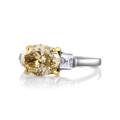 Estate GIA 2.74ct Natural Fancy Yellow Oval 3 Stone Diamond Platinum Ring