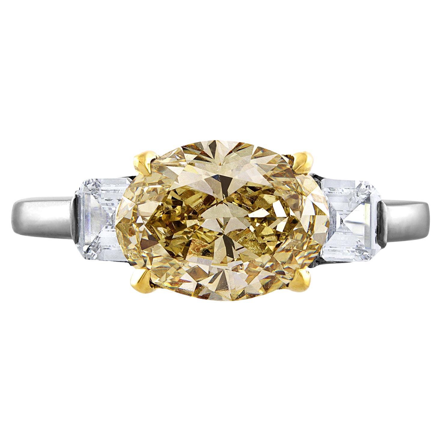 Estate GIA 2.74ct Natural Fancy Yellow Oval 3 Stone Diamond Platinum Ring For Sale