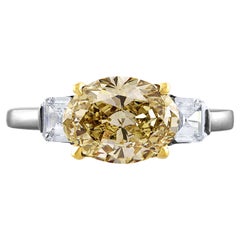 Estate GIA 2.74ct Natural Fancy Yellow Oval 3 Stone Diamond Platinum Ring