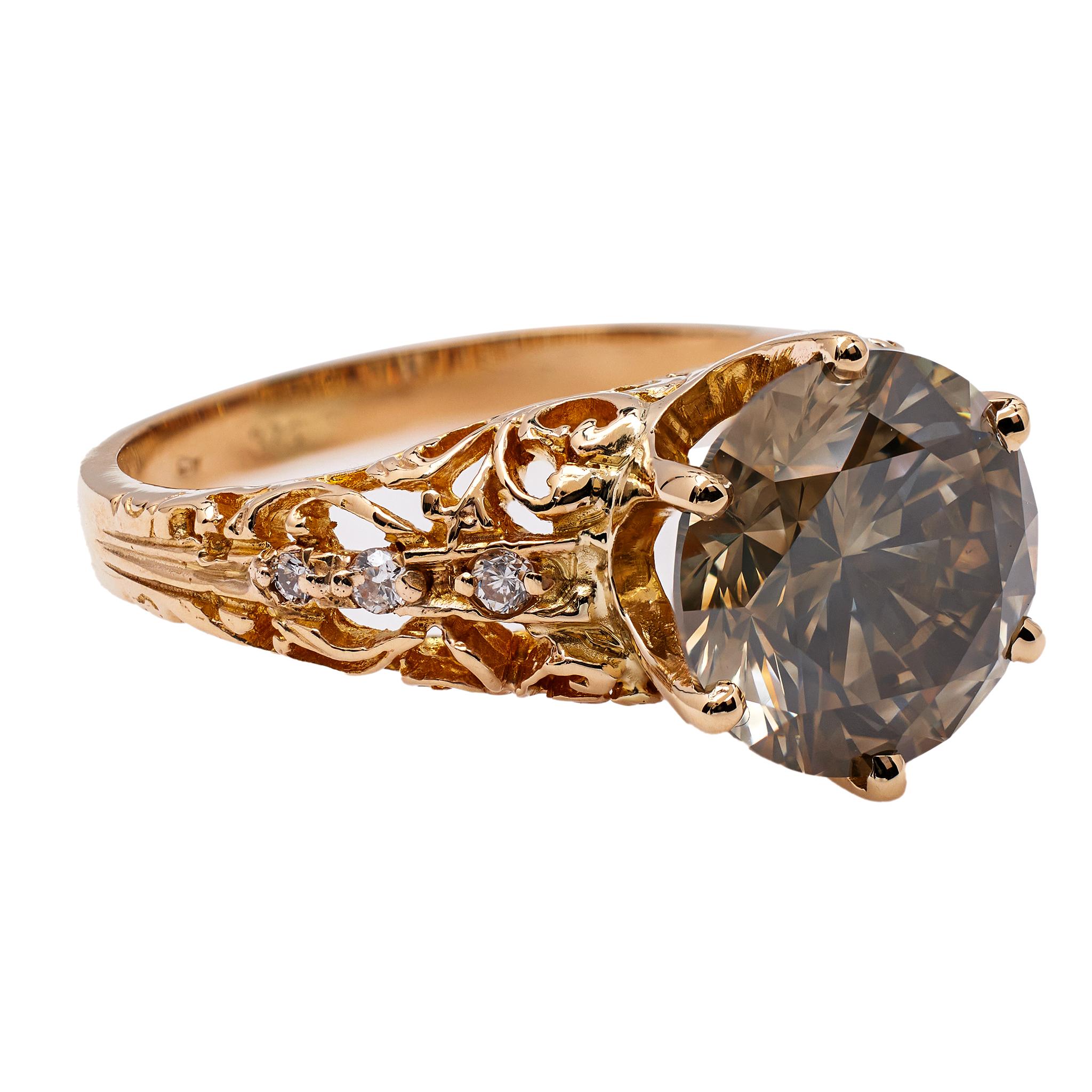 Women's or Men's Estate GIA 4.30 Carat Fancy Color Diamond 14k Rose Gold Filigree Ring