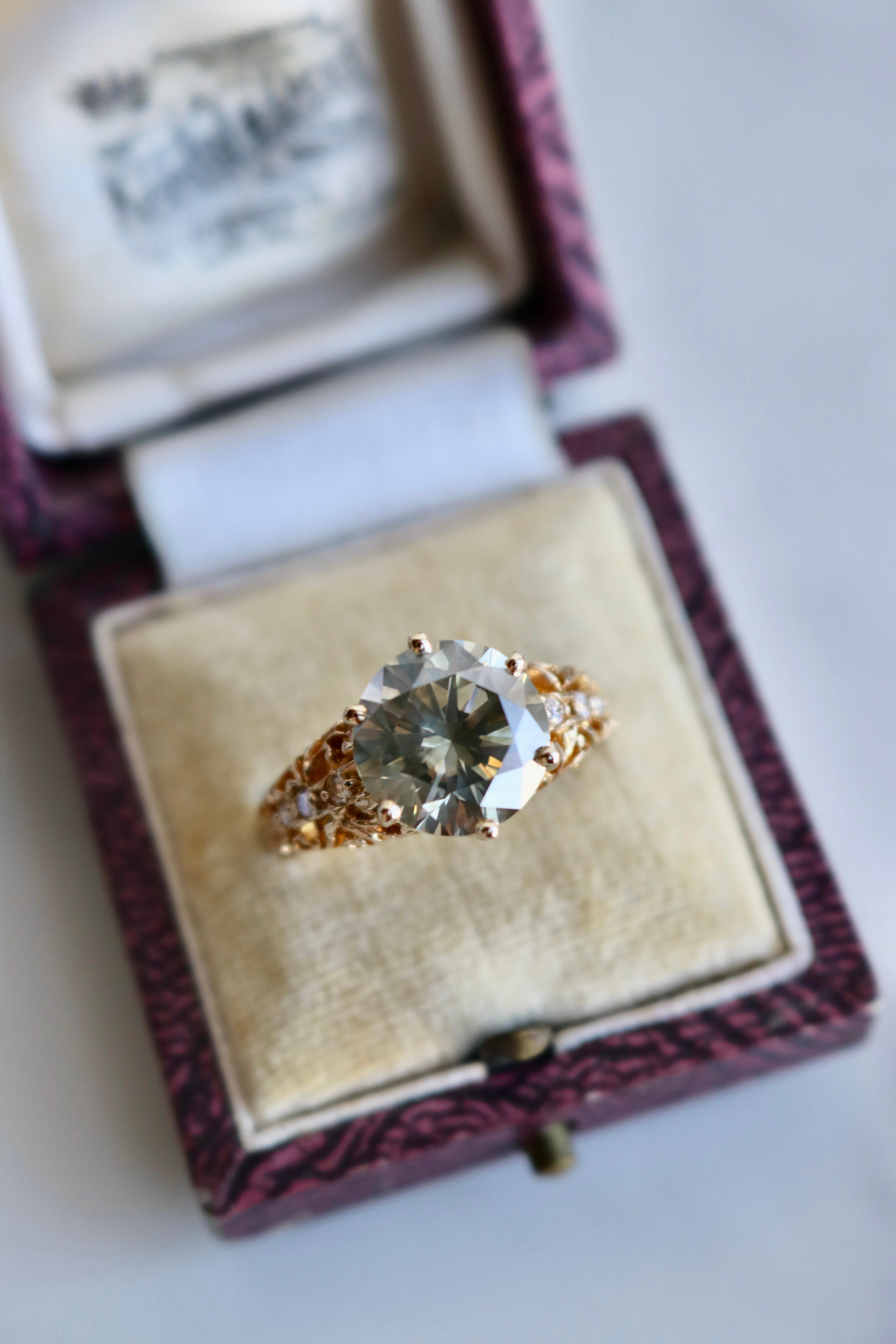 Estate GIA 4.30 Carat Fancy Color Diamond 14k Rose Gold Filigree Ring 1