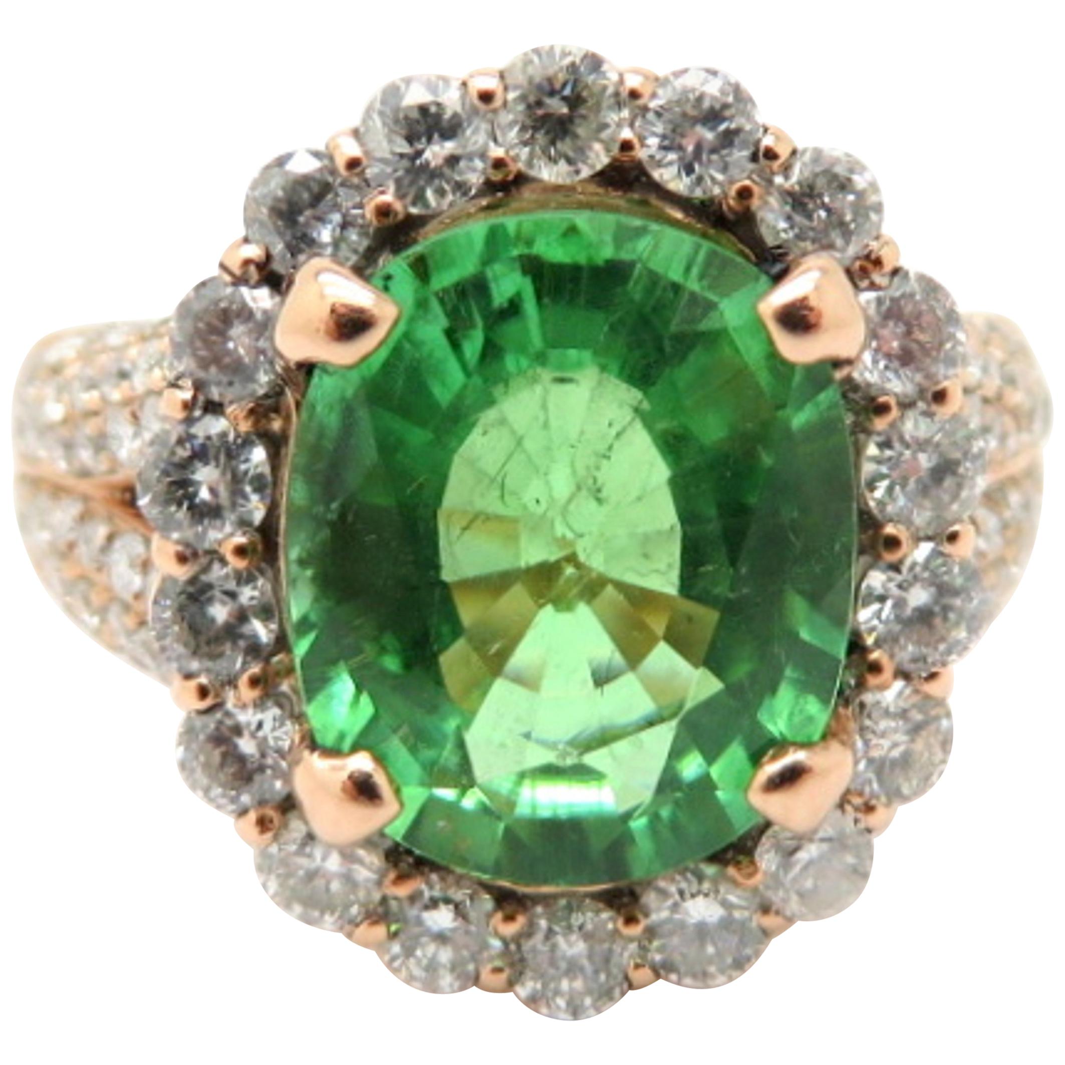 Green Tourmaline Cushion Cut with a Halo of Diamonds