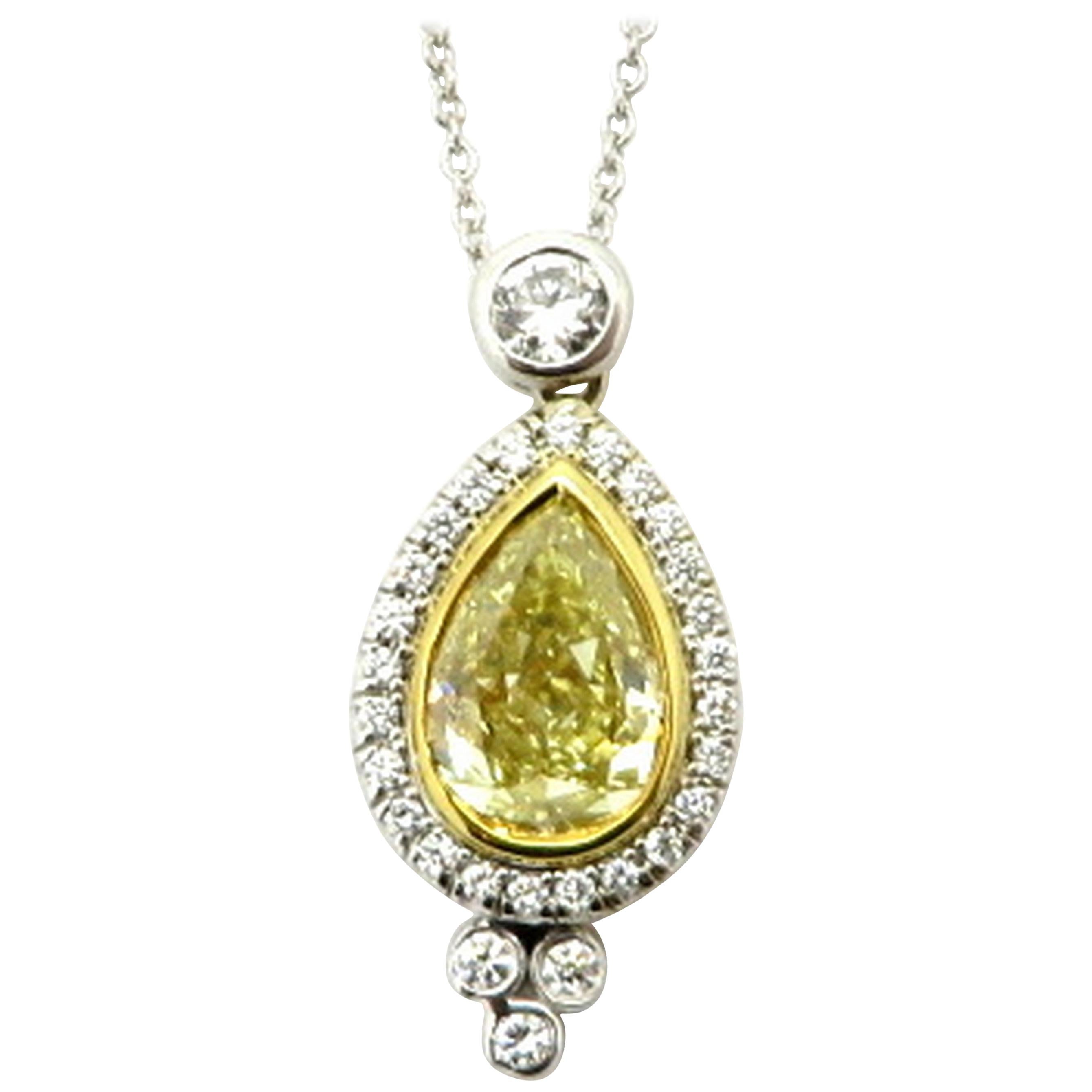 Estate GIA Certified Fancy Yellow Pear Shaped Diamond Necklace For Sale