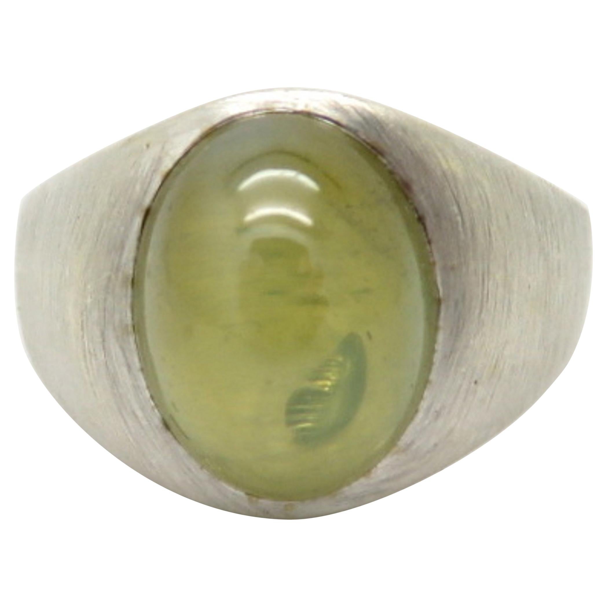 Estate GIA Certified Men’s 10.00 Carat Chrysoberyl Cabochon 14K White Gold Ring For Sale