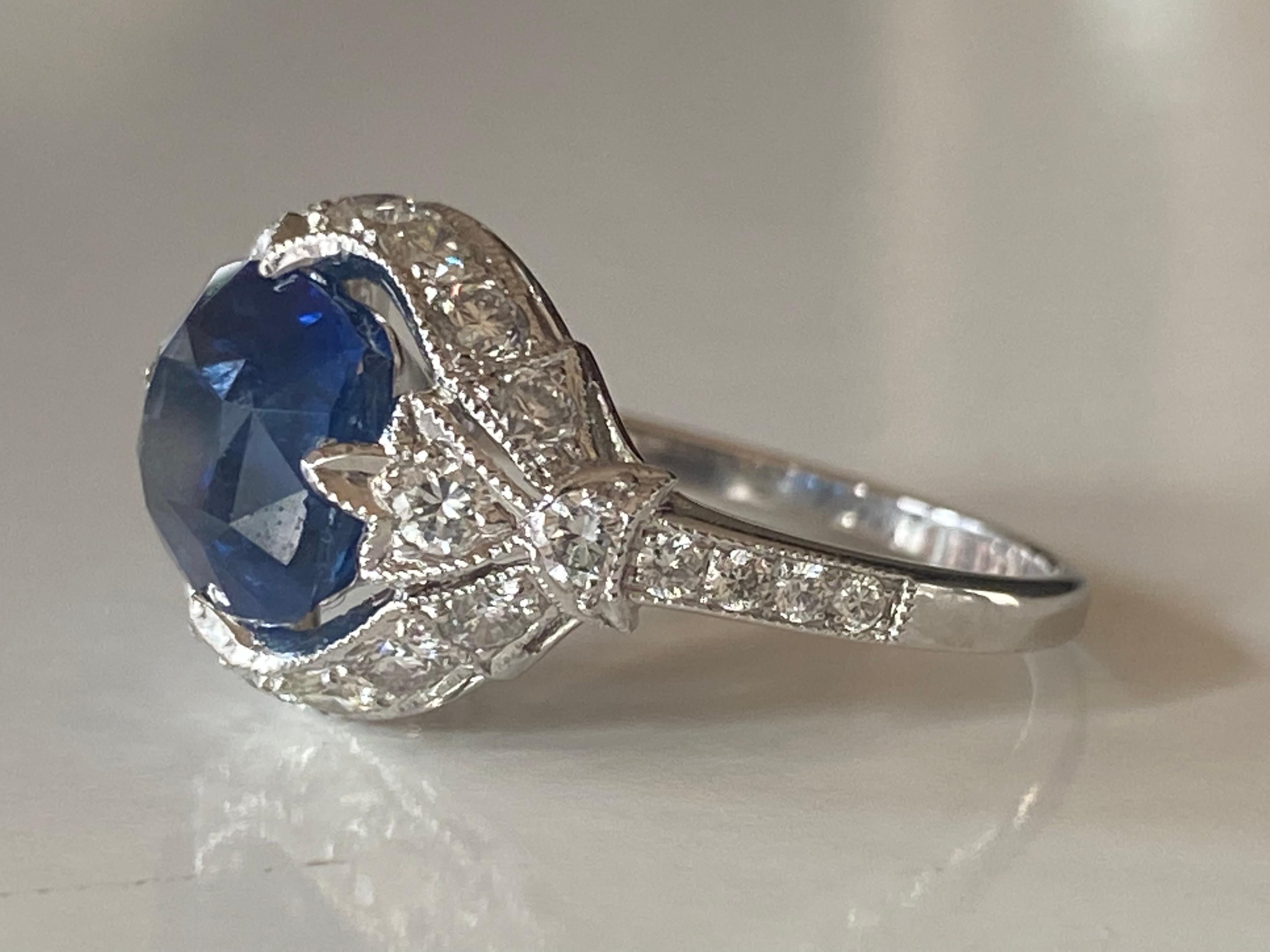 Cushion Cut Estate GIA Certified Natural Sri Lankan Sapphire and Diamond Ring For Sale