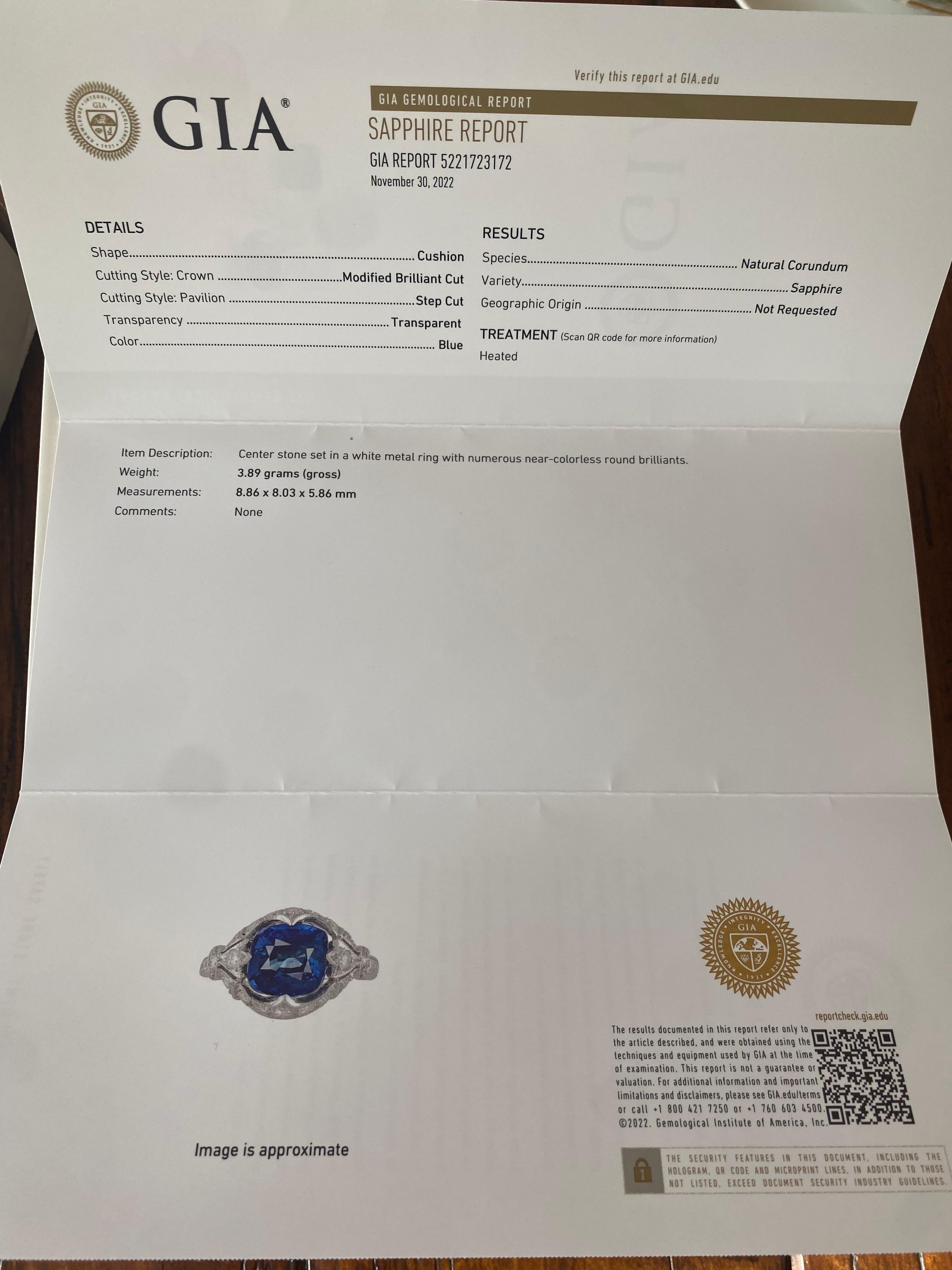 Estate GIA Certified Natural Sri Lankan Sapphire and Diamond Ring For Sale 1
