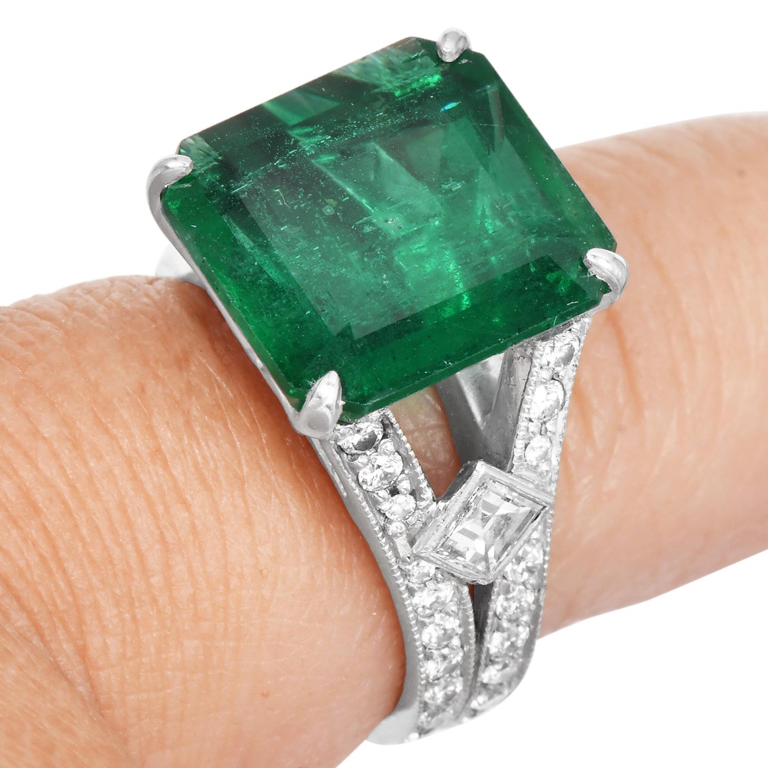 Estate GIA Emerald 6.75cts Diamond Platinum Cocktail Ring For Sale 4