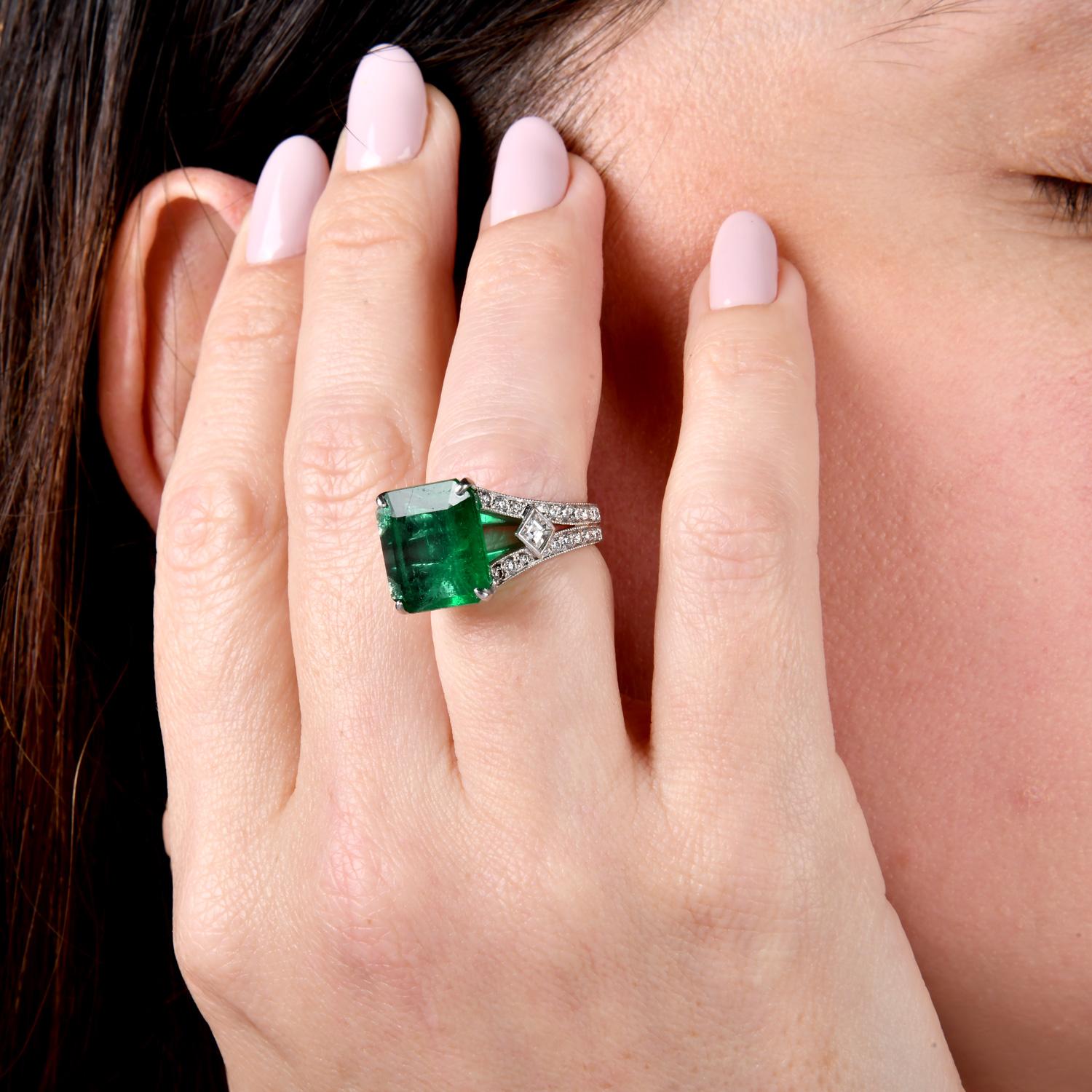 Estate GIA Emerald 6.75cts Diamond Platinum Cocktail Ring For Sale 5