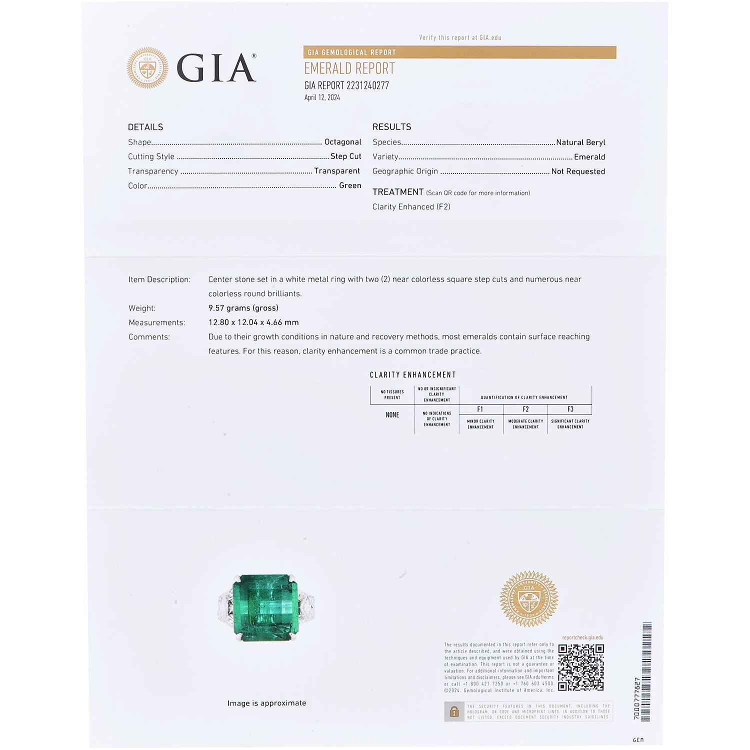 Art Deco Estate GIA Emerald 6.75cts Diamond Platinum Cocktail Ring For Sale