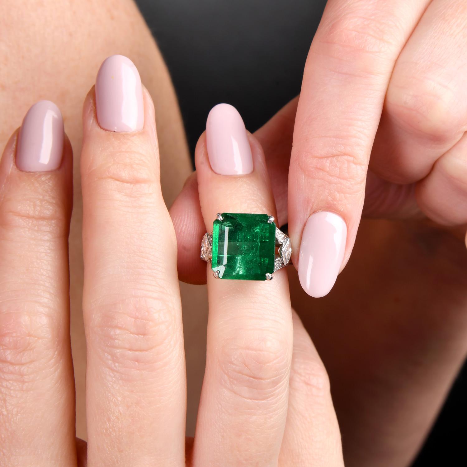 Emerald Cut Estate GIA Emerald 6.75cts Diamond Platinum Cocktail Ring For Sale