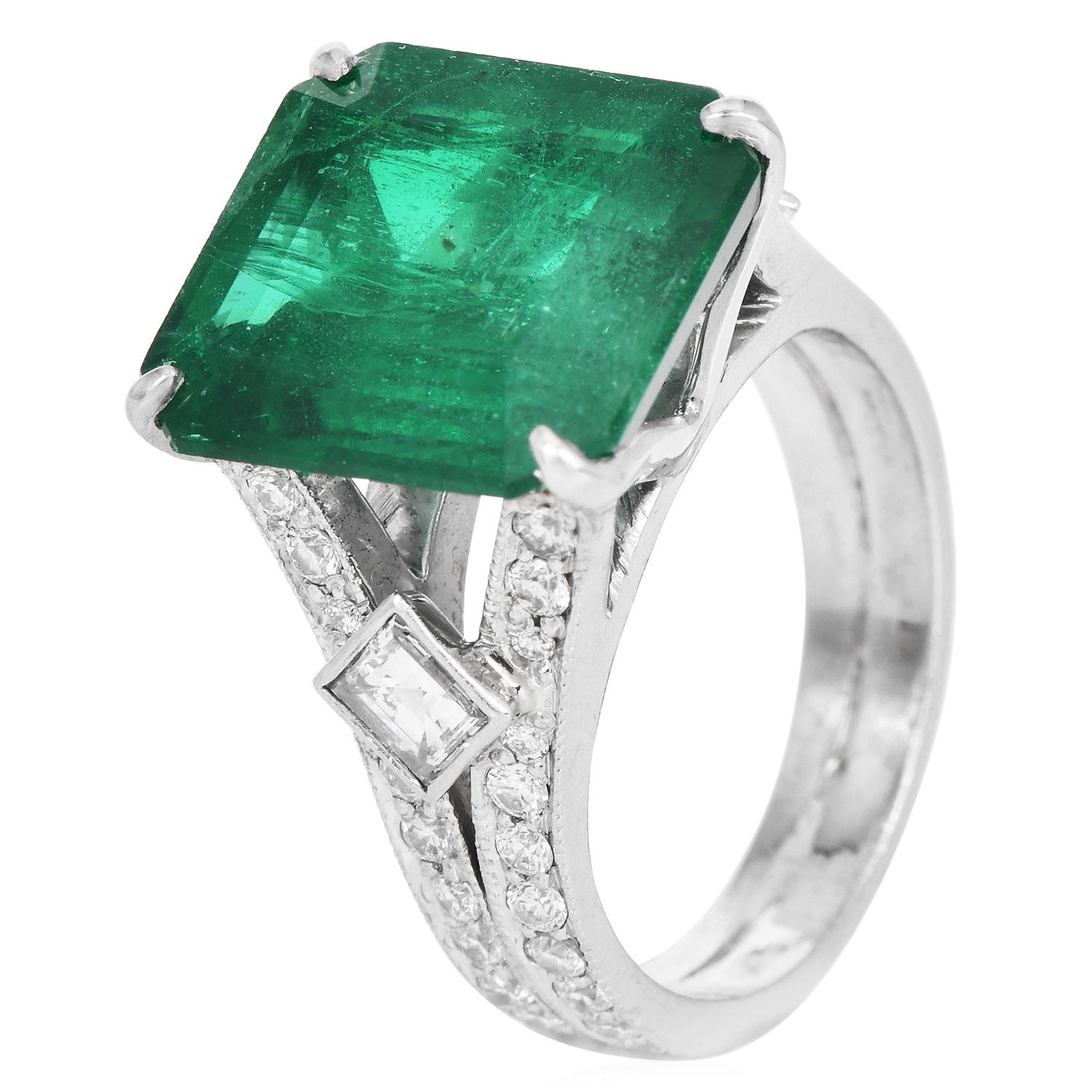 Estate GIA Emerald 6.75cts Diamond Platinum Cocktail Ring For Sale 2