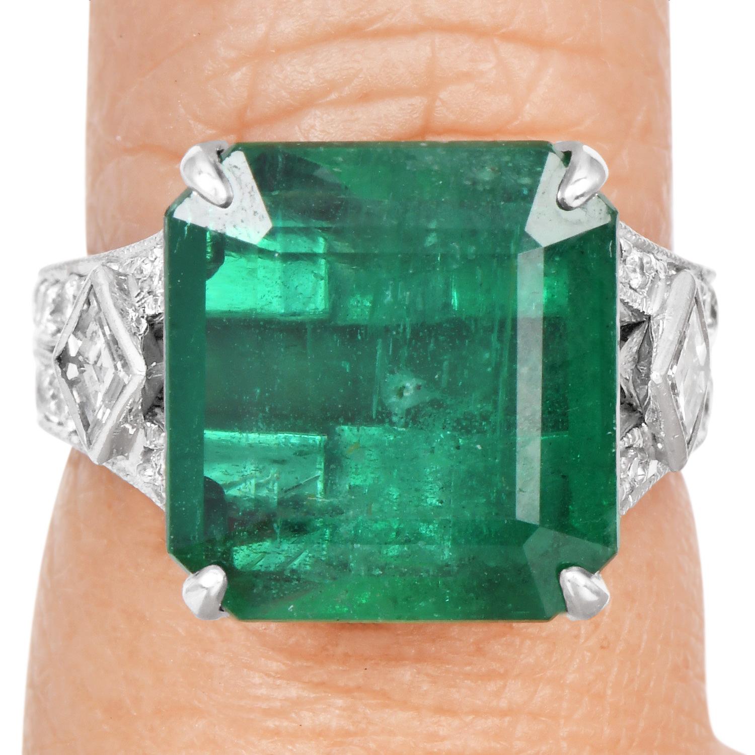 Estate GIA Emerald 6.75cts Diamond Platinum Cocktail Ring For Sale 3