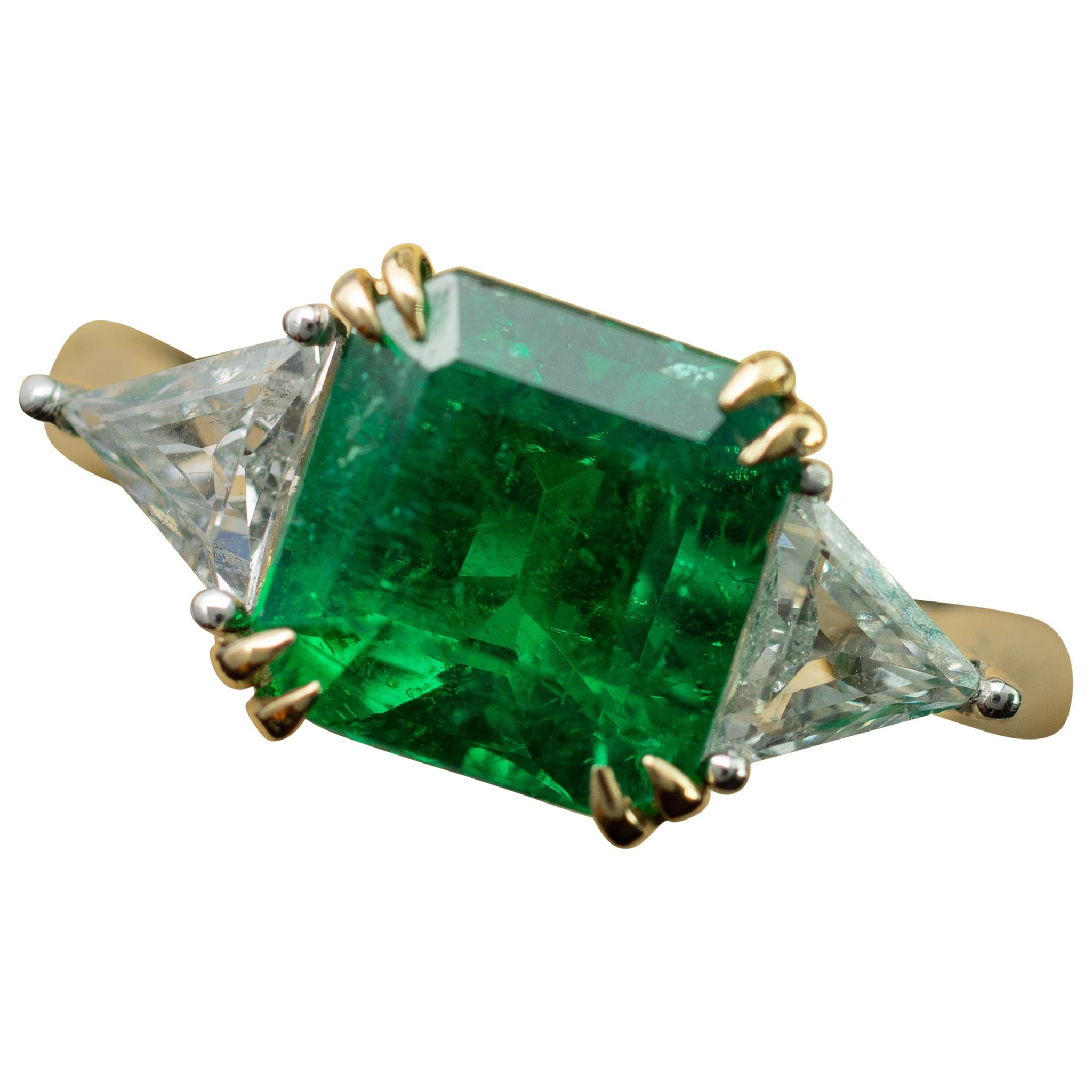 Estate GIA Natural Emerald and Diamond Engagement Ring For Sale