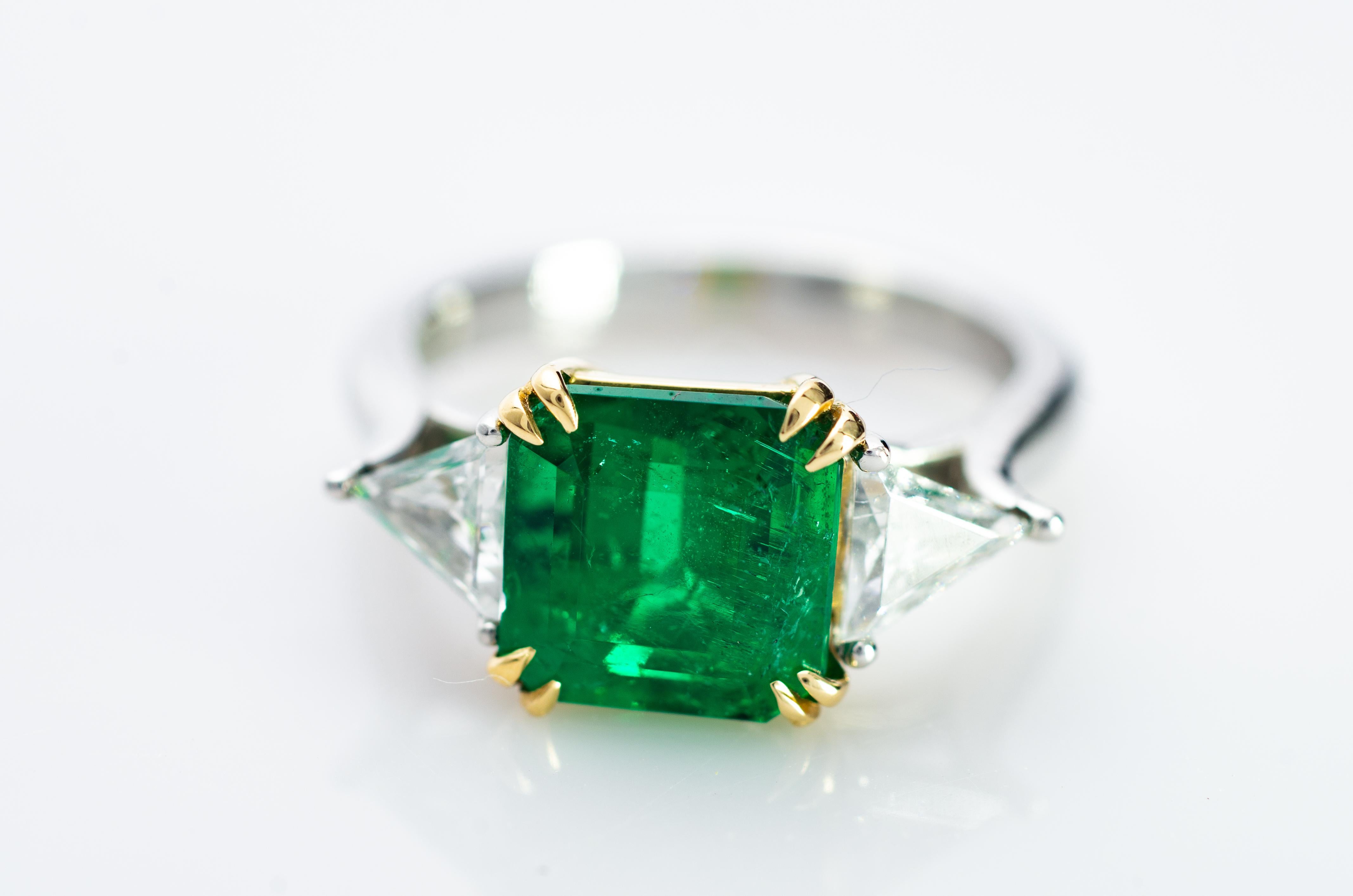 Emerald Cut Estate GIA Natural Emerald and Diamond Engagement Ring For Sale