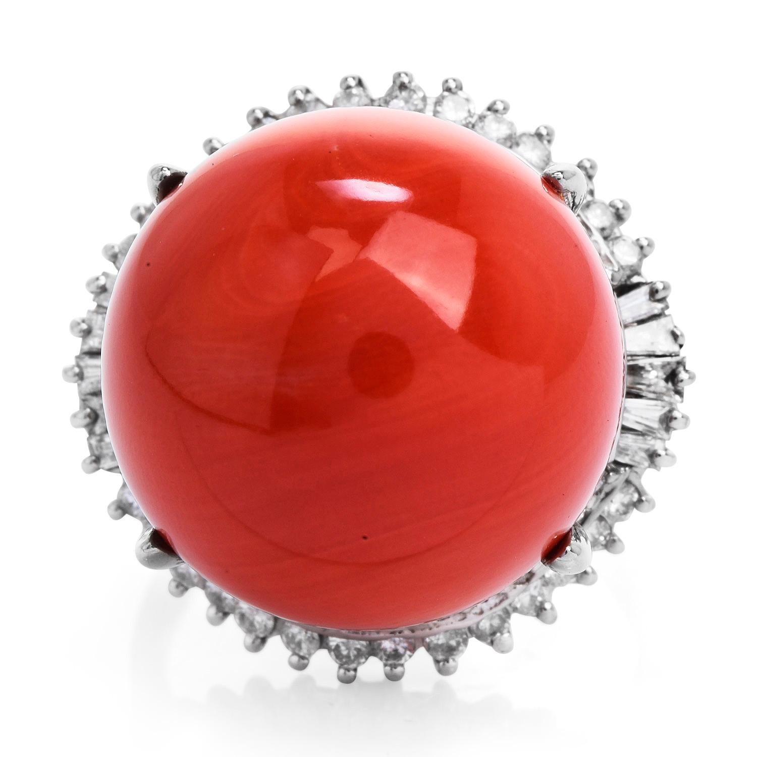 Modern Estate GIA Natural Red Coral Diamond Halo Platinum Cocktail Ring For Sale